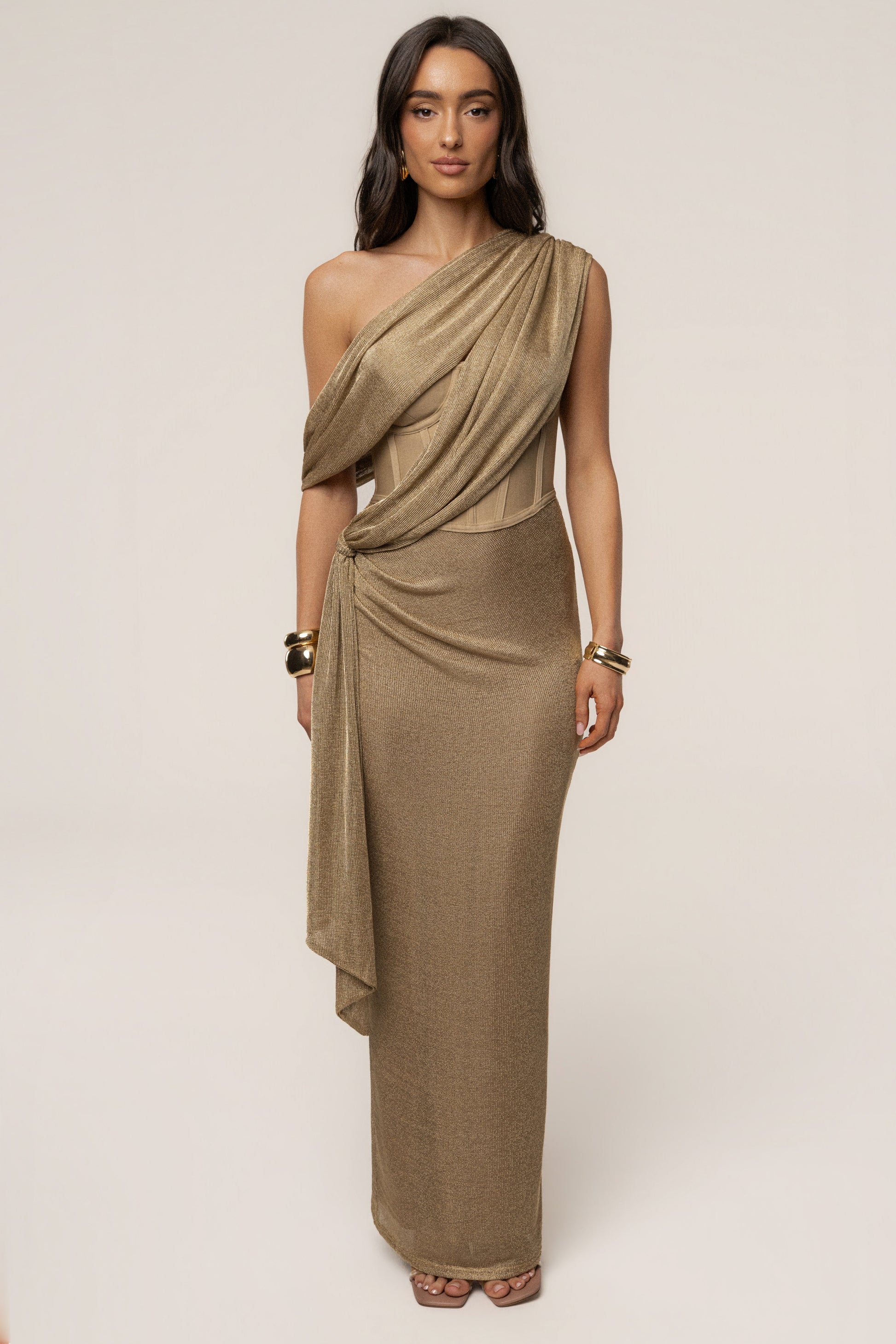 Gold Metallic Celestina Draped Maxi Dress JLUXLABEL
