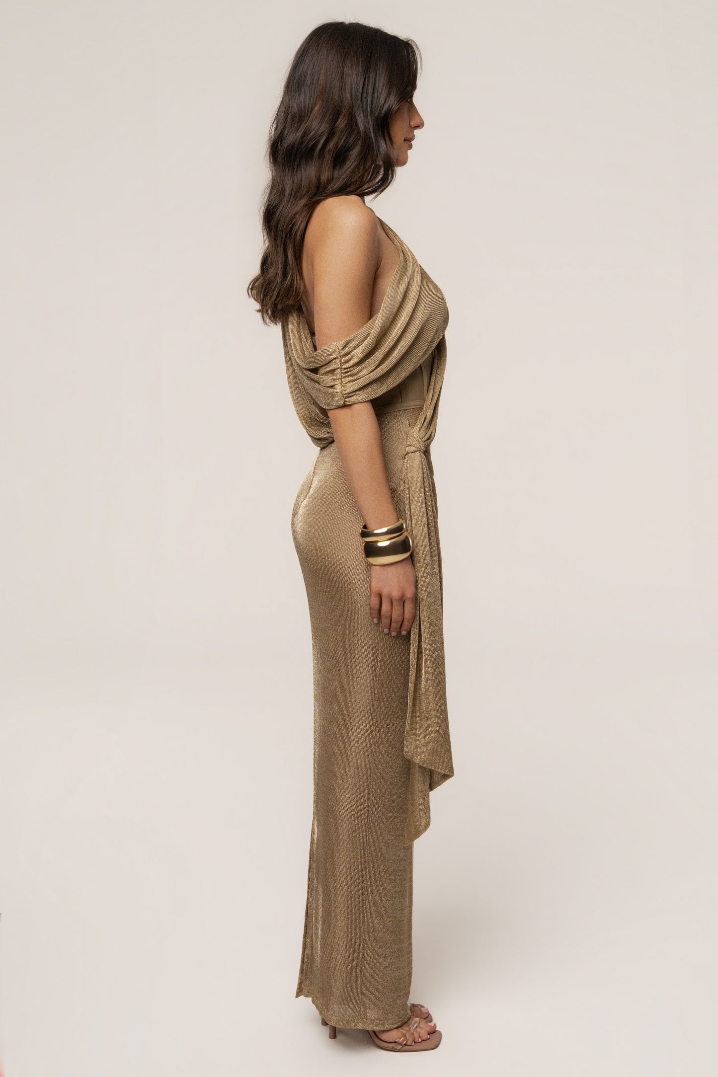 Gold Metallic Celestina Draped Maxi Dress JLUXLABEL