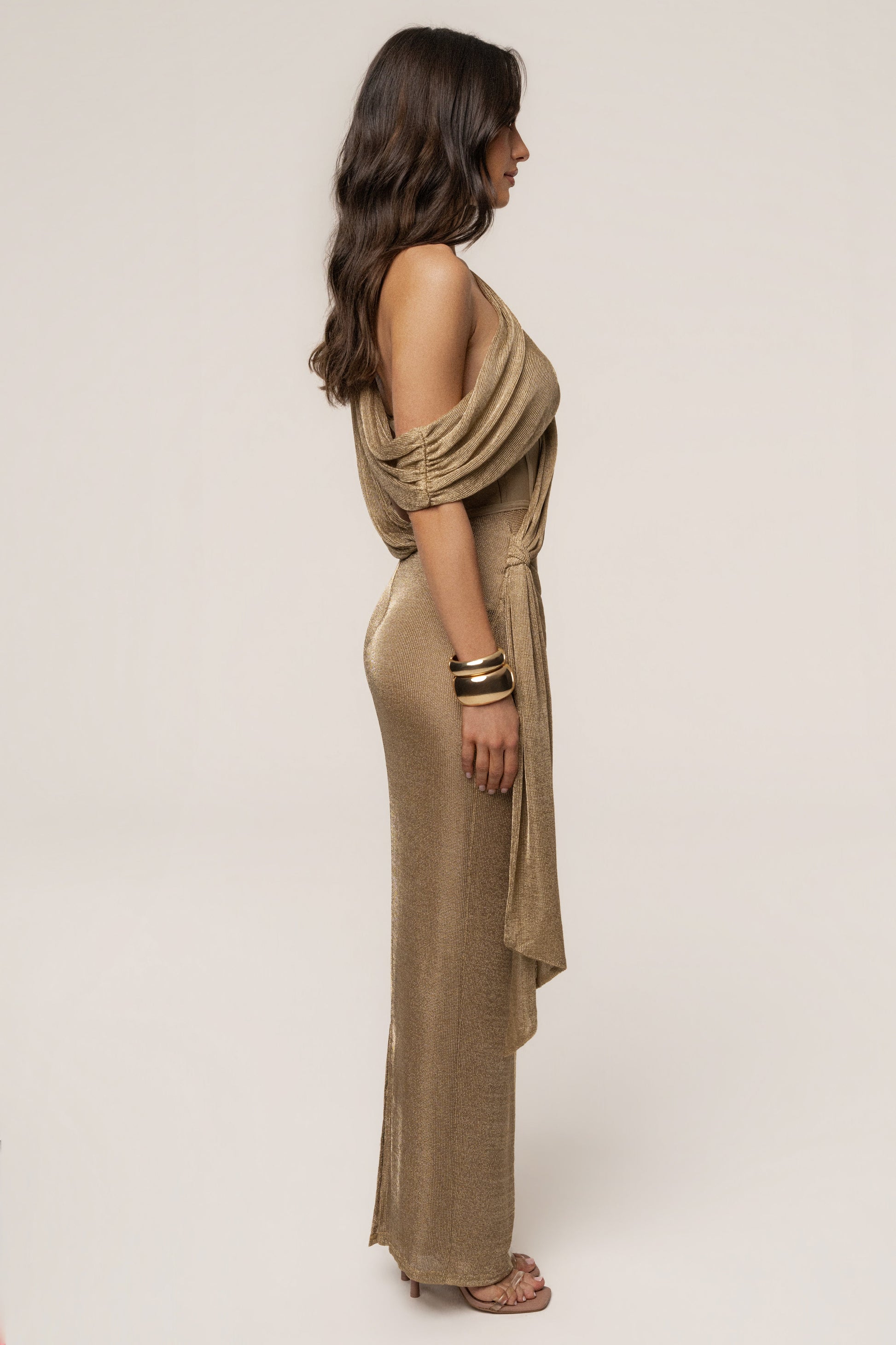Gold Metallic Celestina Draped Maxi Dress JLUXLABEL