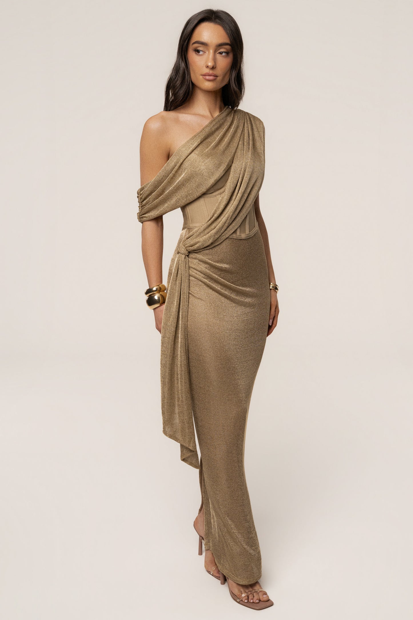 Gold Metallic Celestina Draped Maxi Dress JLUXLABEL