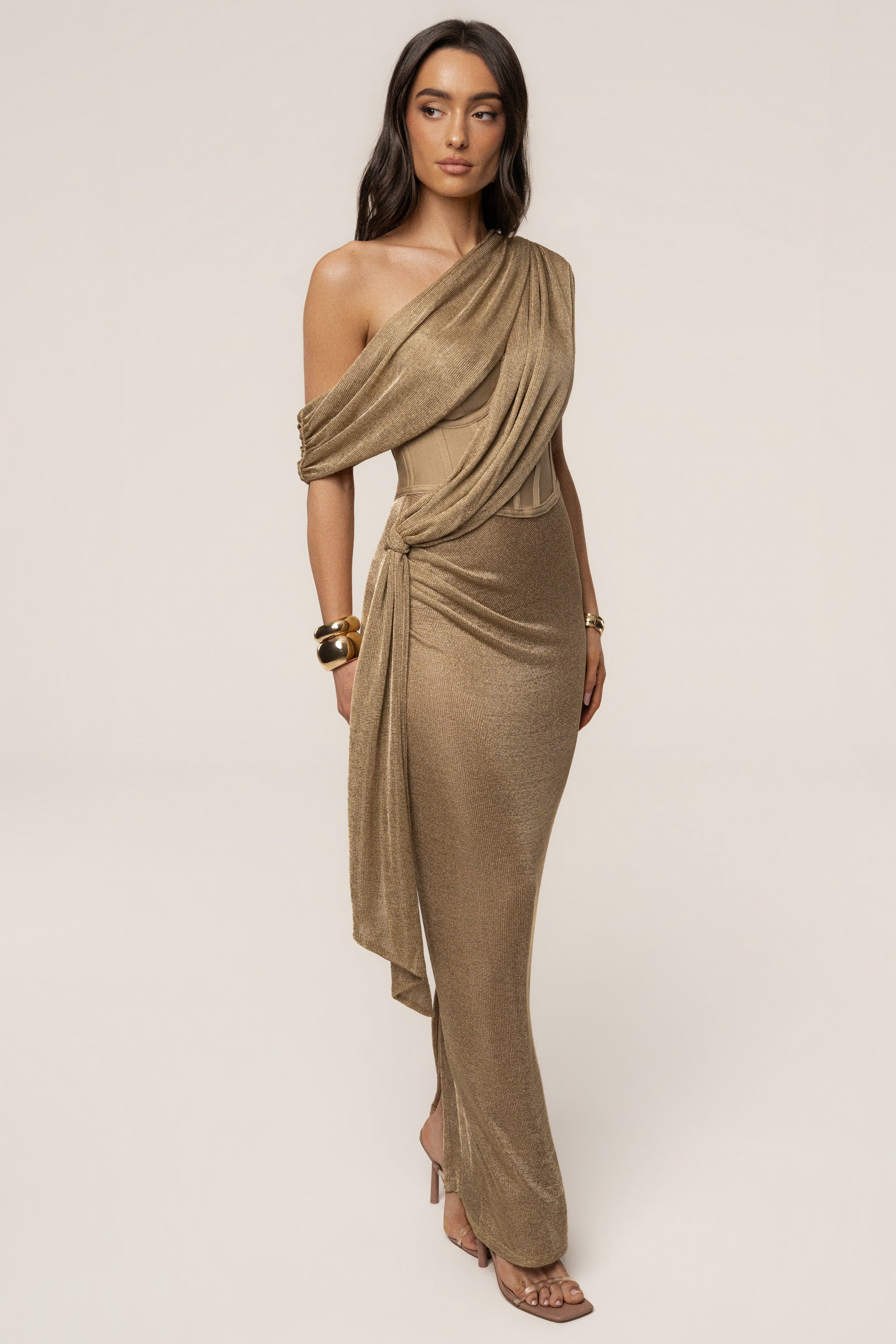 Gold Metallic Celestina Draped Maxi Dress JLUXLABEL