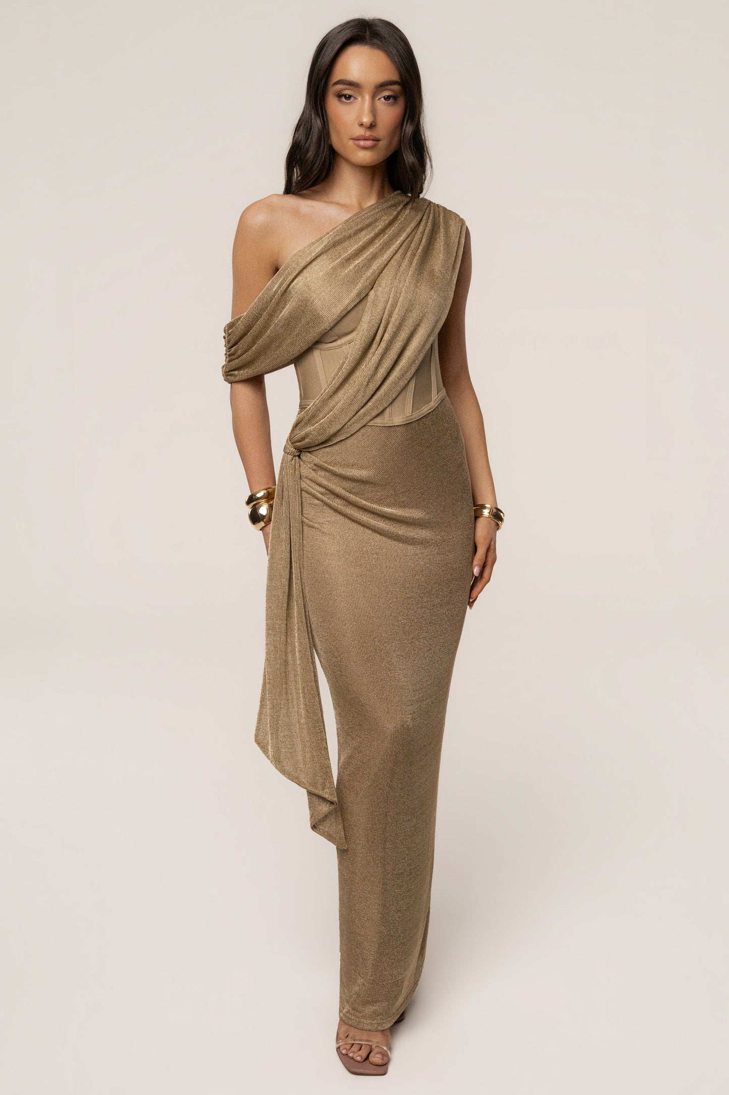Gold Metallic Celestina Draped Maxi Dress JLUXLABEL
