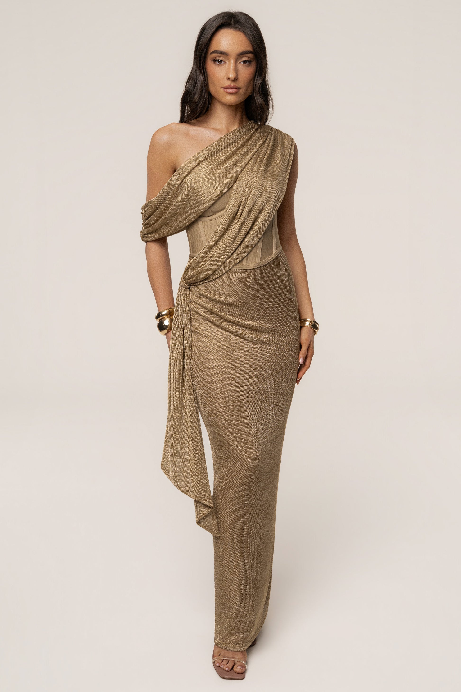 Gold Metallic Celestina Draped Maxi Dress JLUXLABEL
