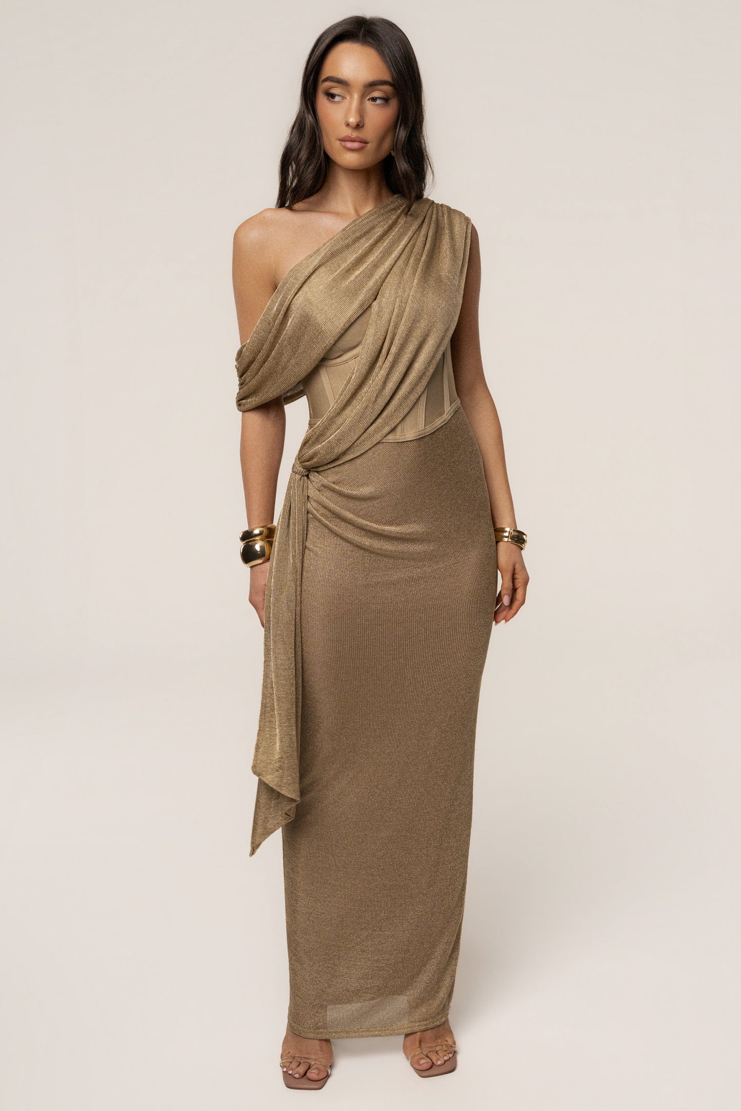 Gold Metallic Celestina Draped Maxi Dress JLUXLABEL