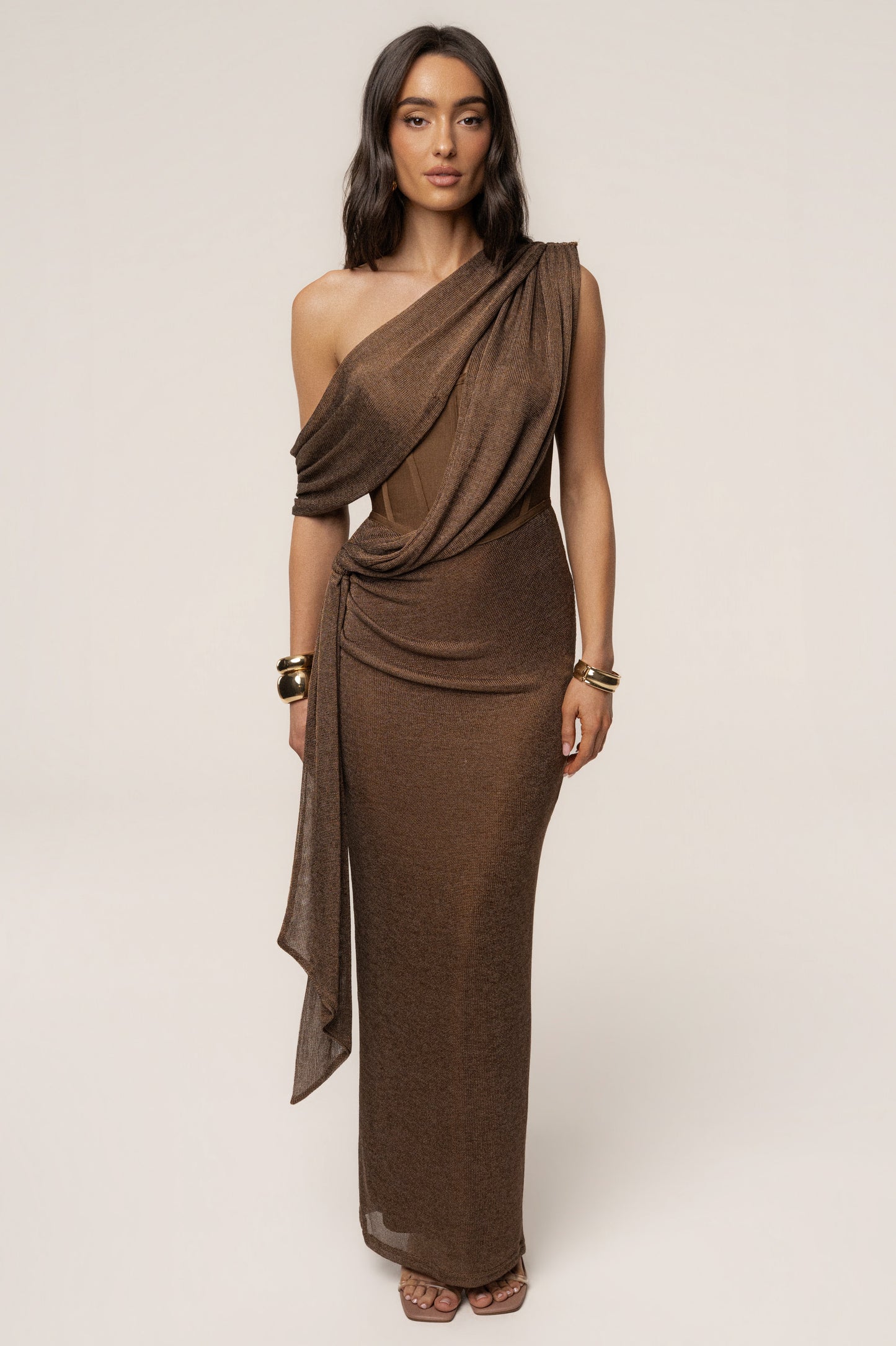 Bronze Metallic Celestina Draped Maxi Dress JLUXLABEL
