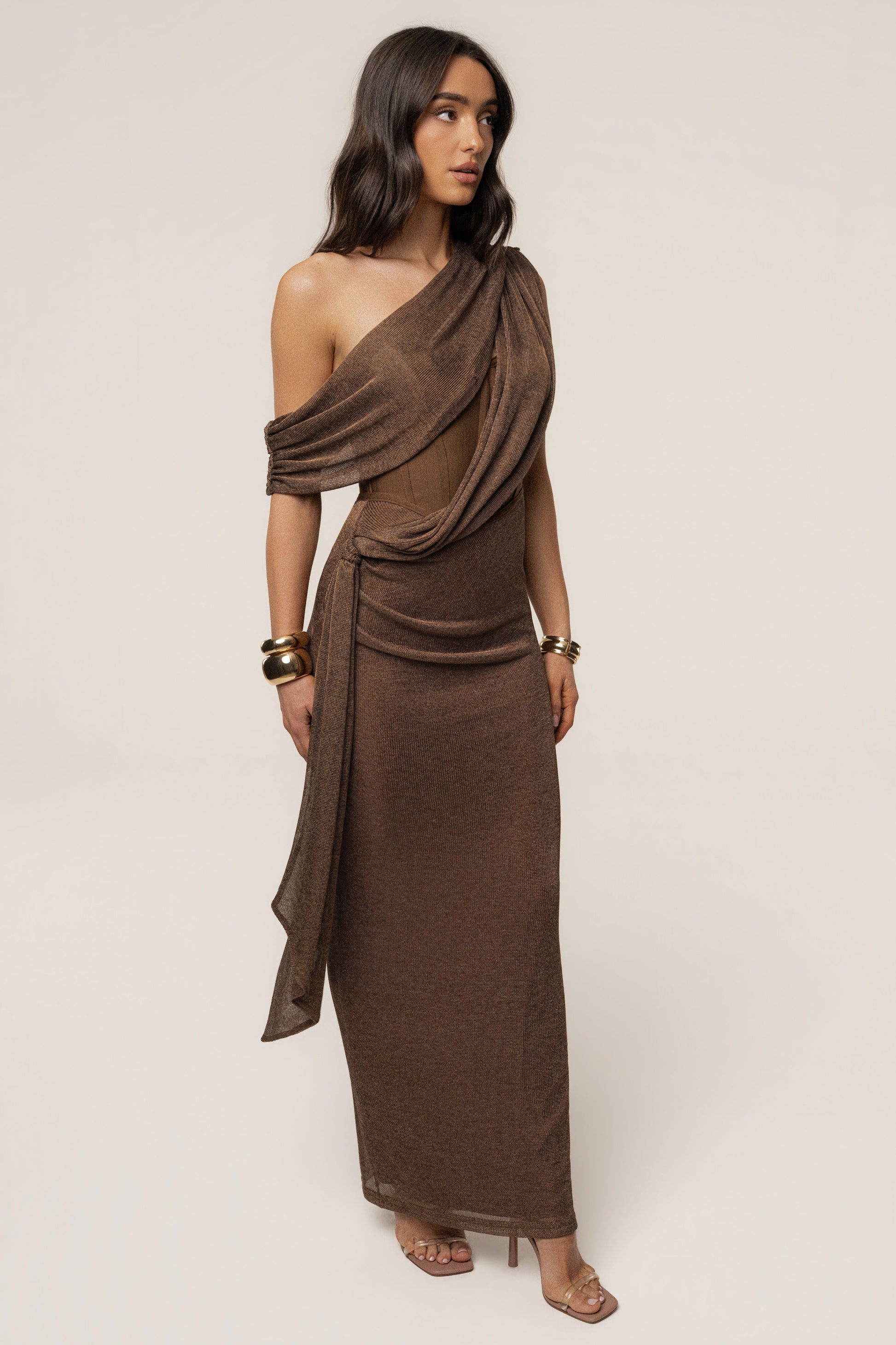 Bronze Metallic Celestina Draped Maxi Dress JLUXLABEL