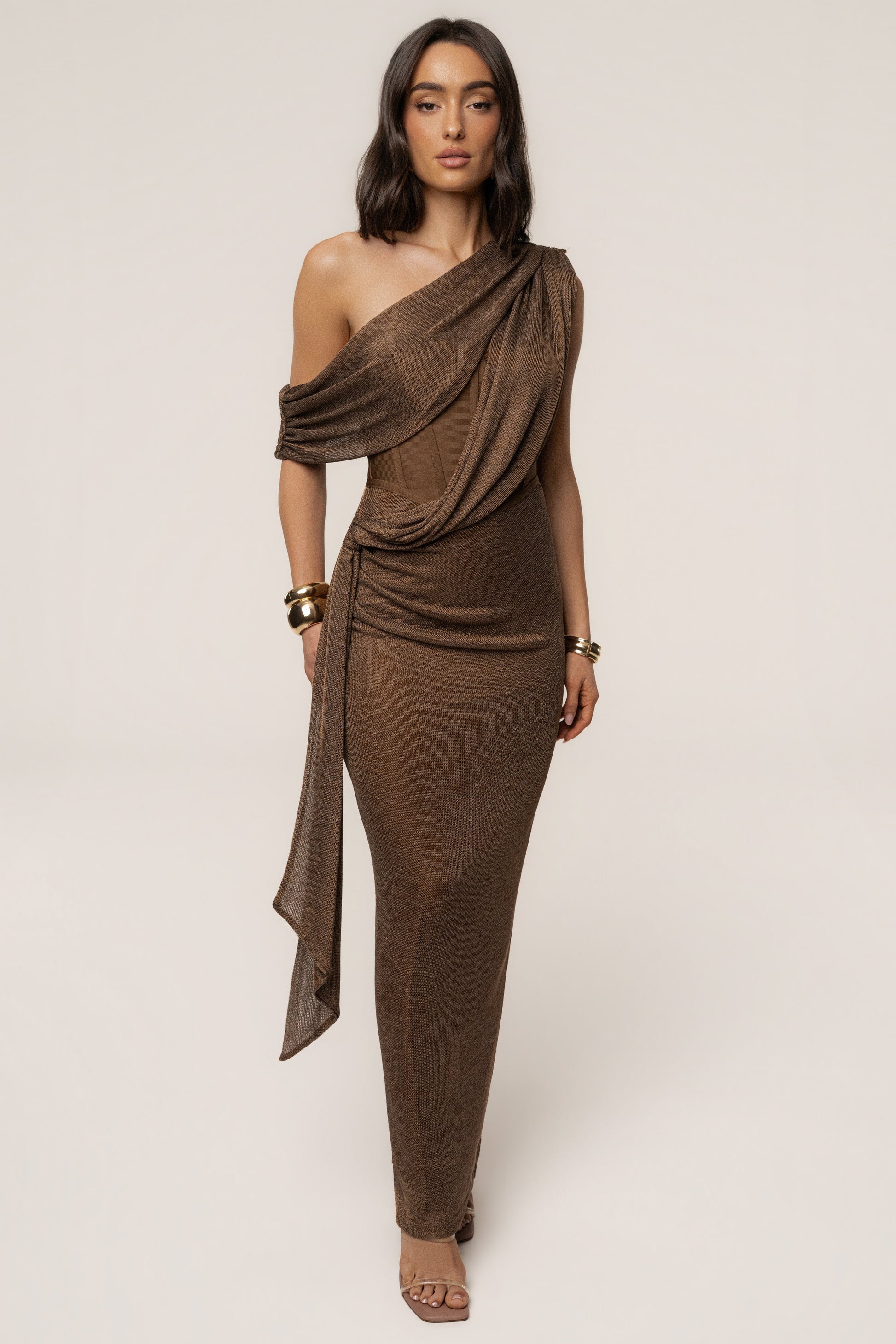 Bronze Metallic Celestina Draped Maxi Dress JLUXLABEL