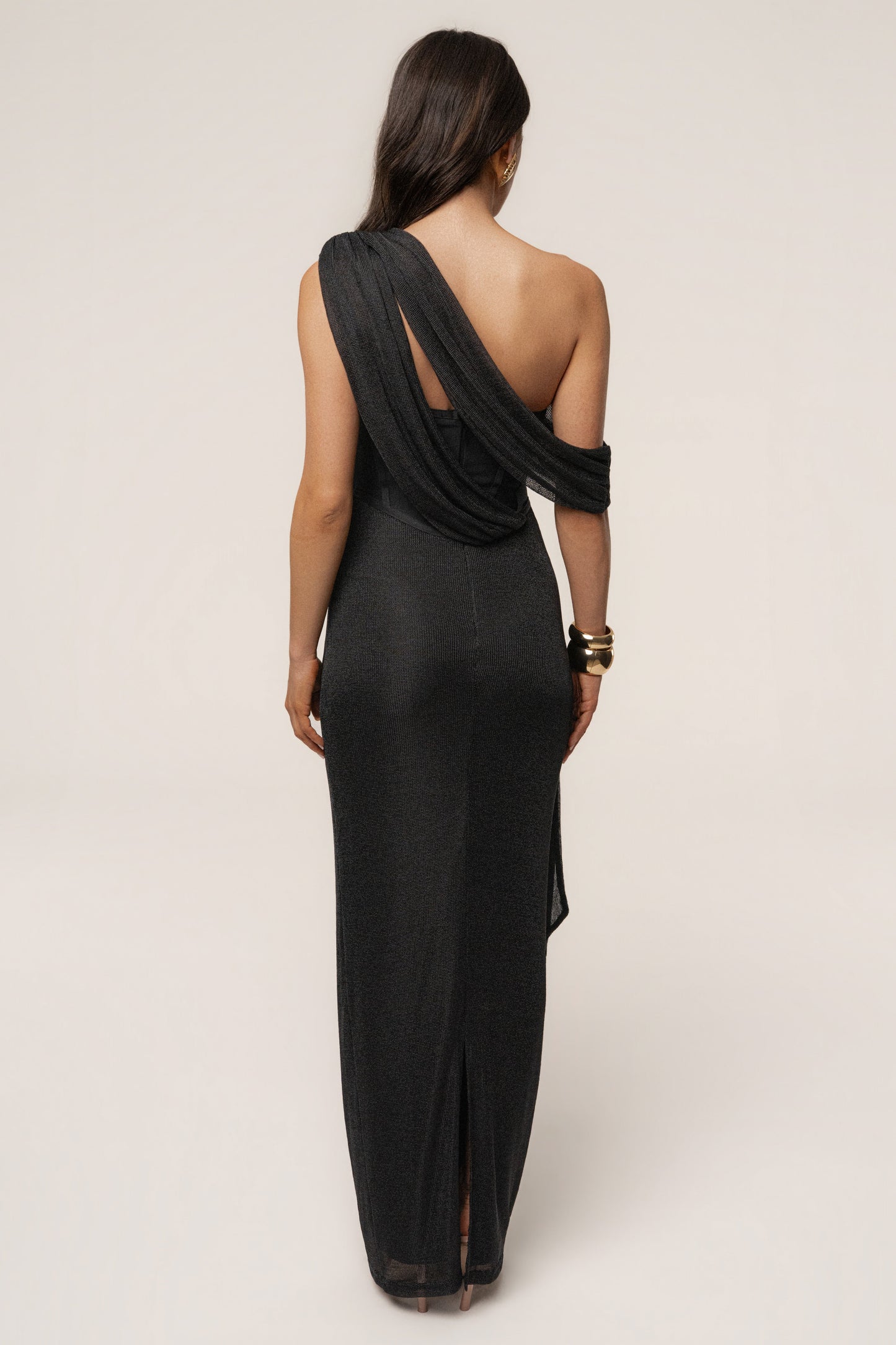 Black Metallic Celestina Draped Maxi Dress JLUXLABEL