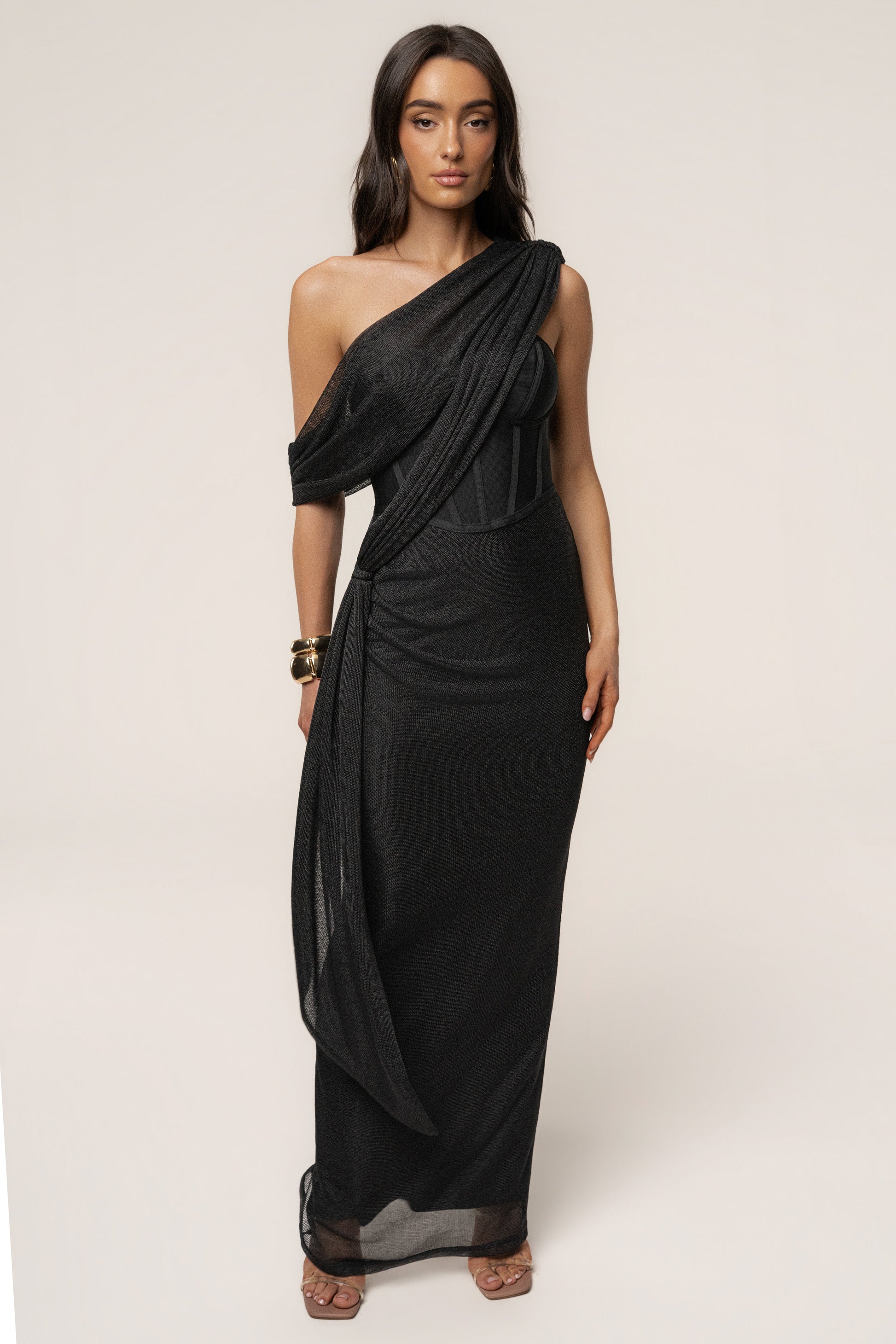 Black Metallic Celestina Draped Maxi Dress JLUXLABEL