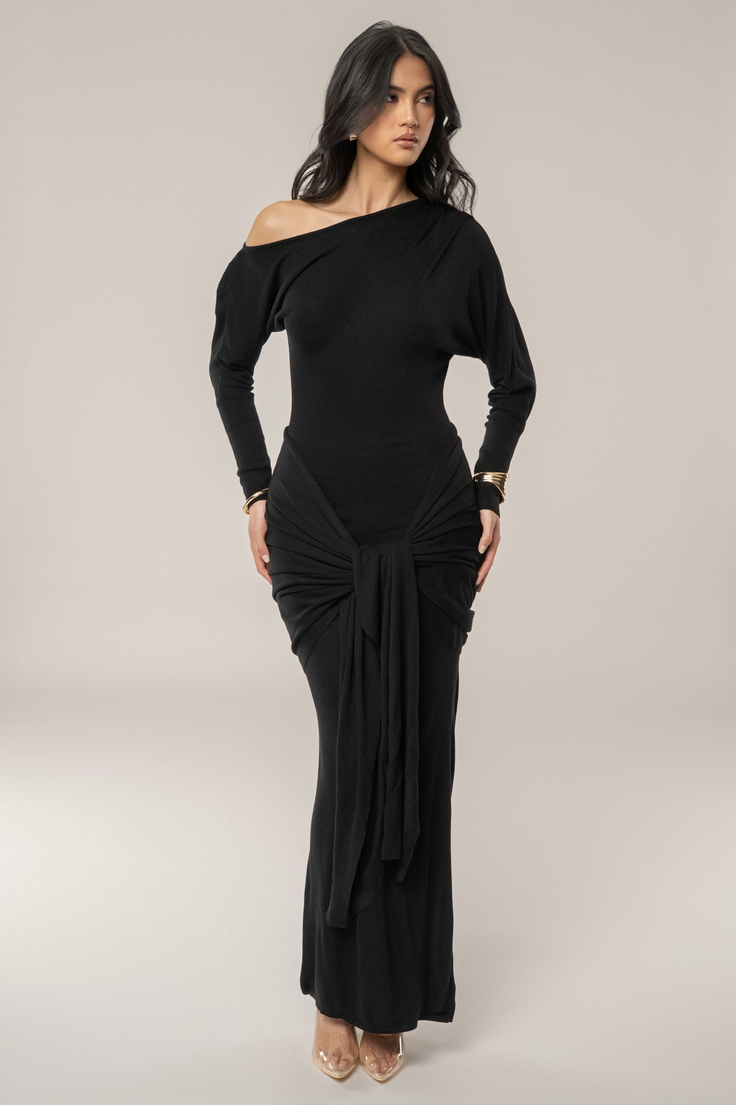Black Dawn Drape Maxi Dress JLUXLABEL