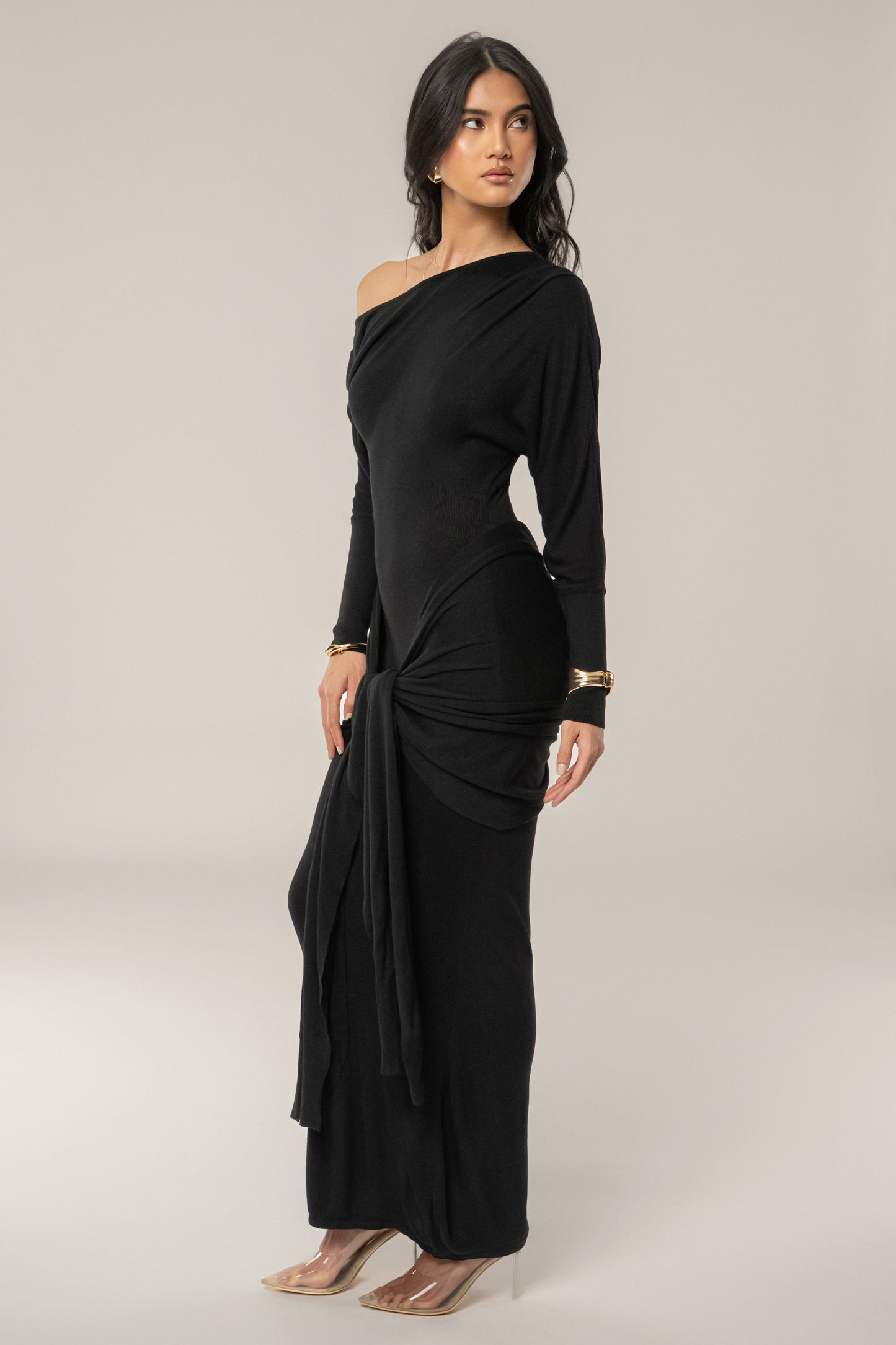 Black Dawn Drape Maxi Dress JLUXLABEL