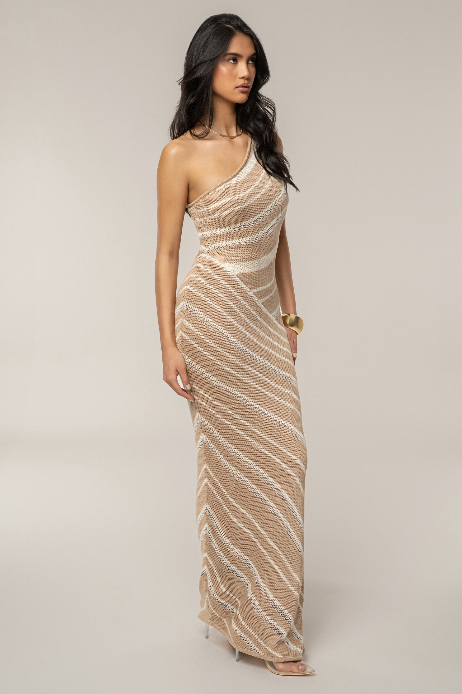 Beige/Ivory Sanibel Ruched Maxi Knit Dress JLUXLABEL