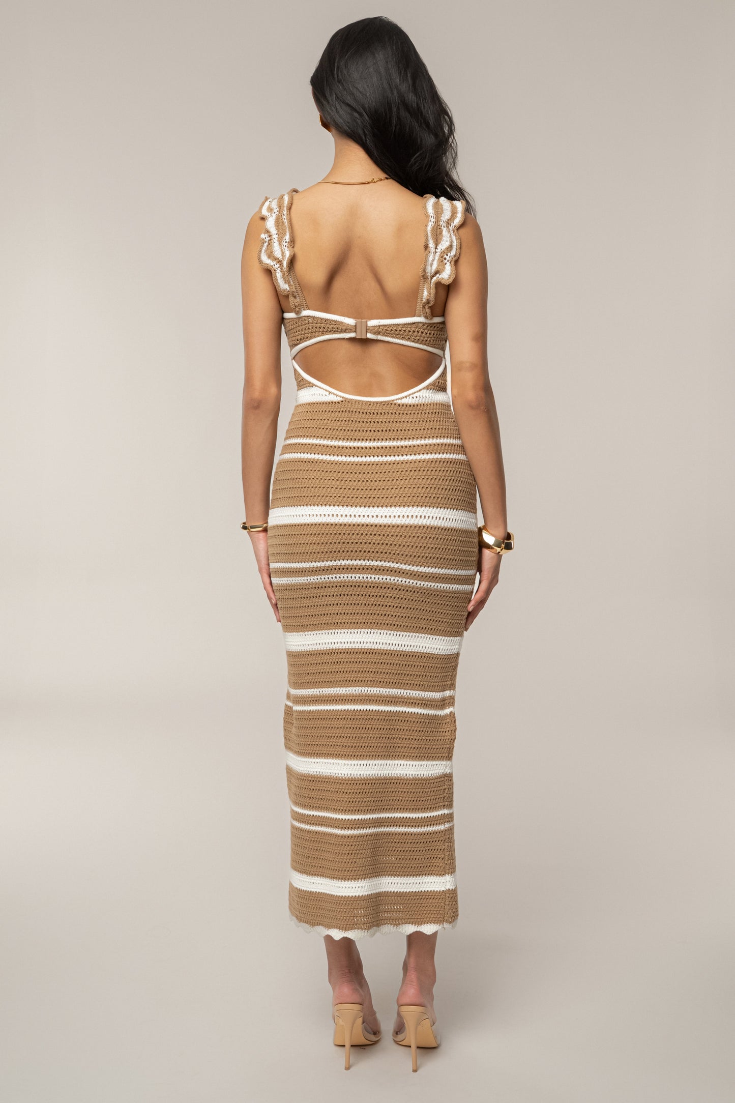 Beige/Ivory Norina Striped Midi Dress JLUXLABEL
