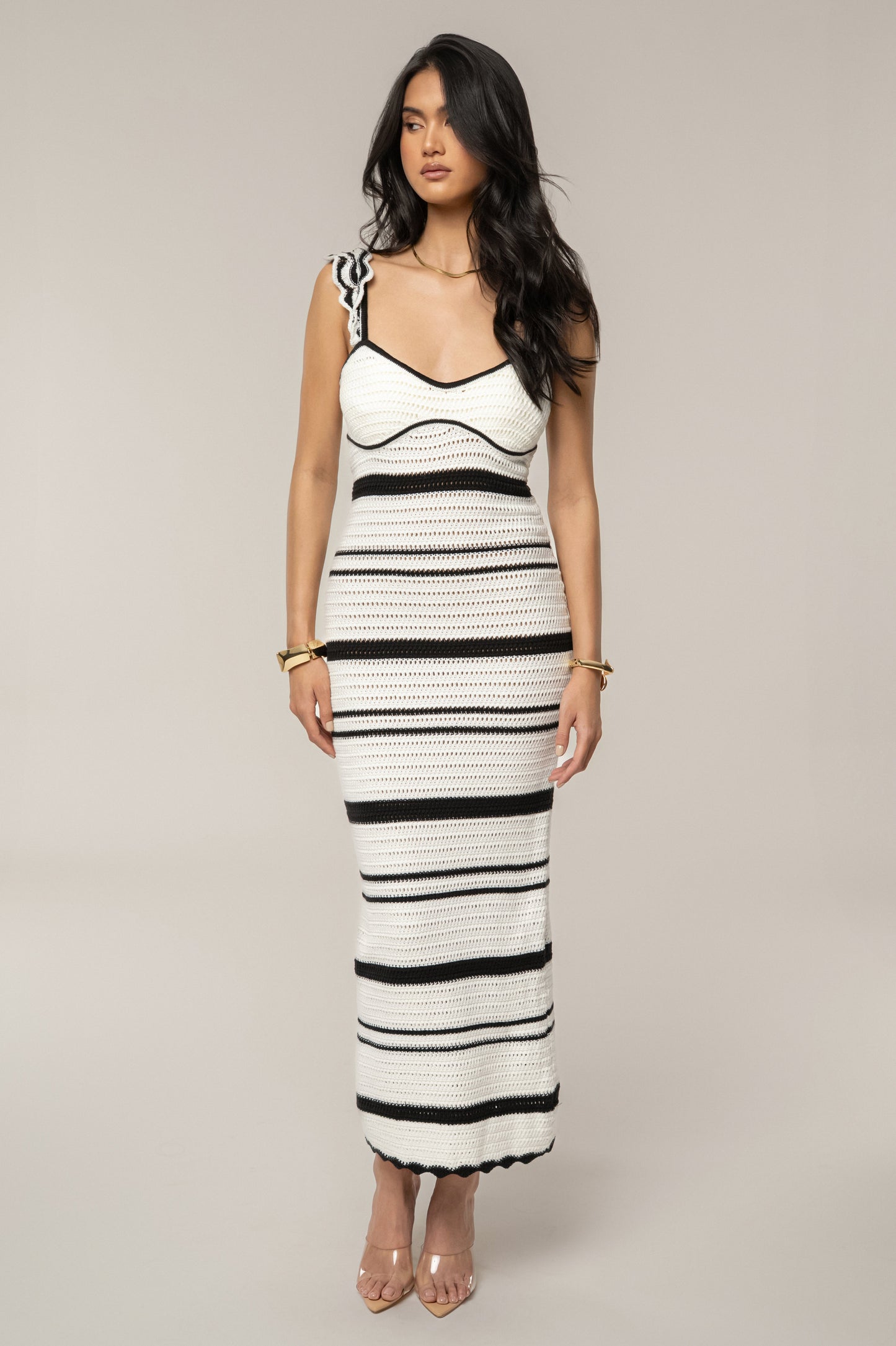 Ivory/Black Norina Striped Midi Dress JLUXLABEL