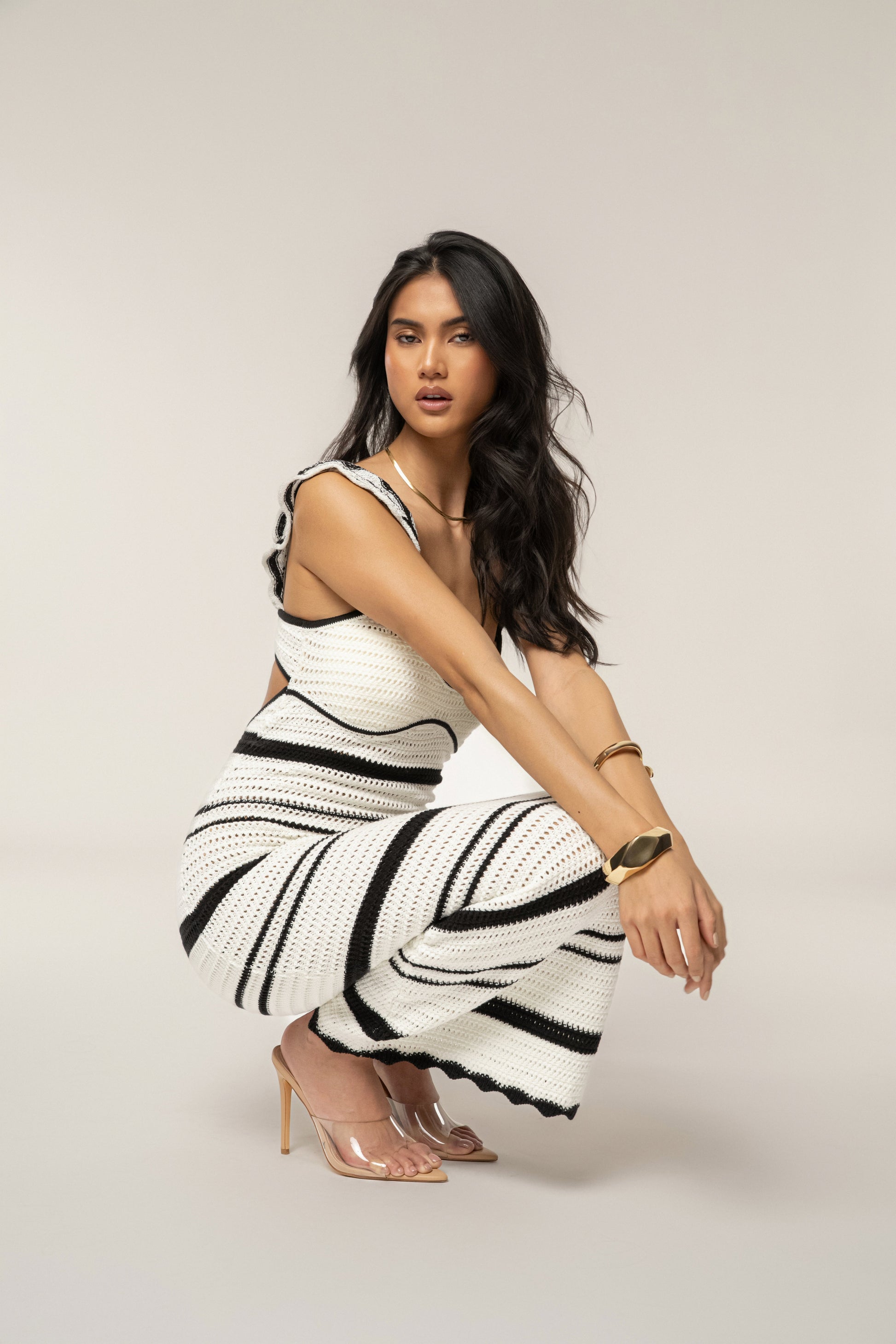 Ivory/Black Norina Striped Midi Dress JLUXLABEL