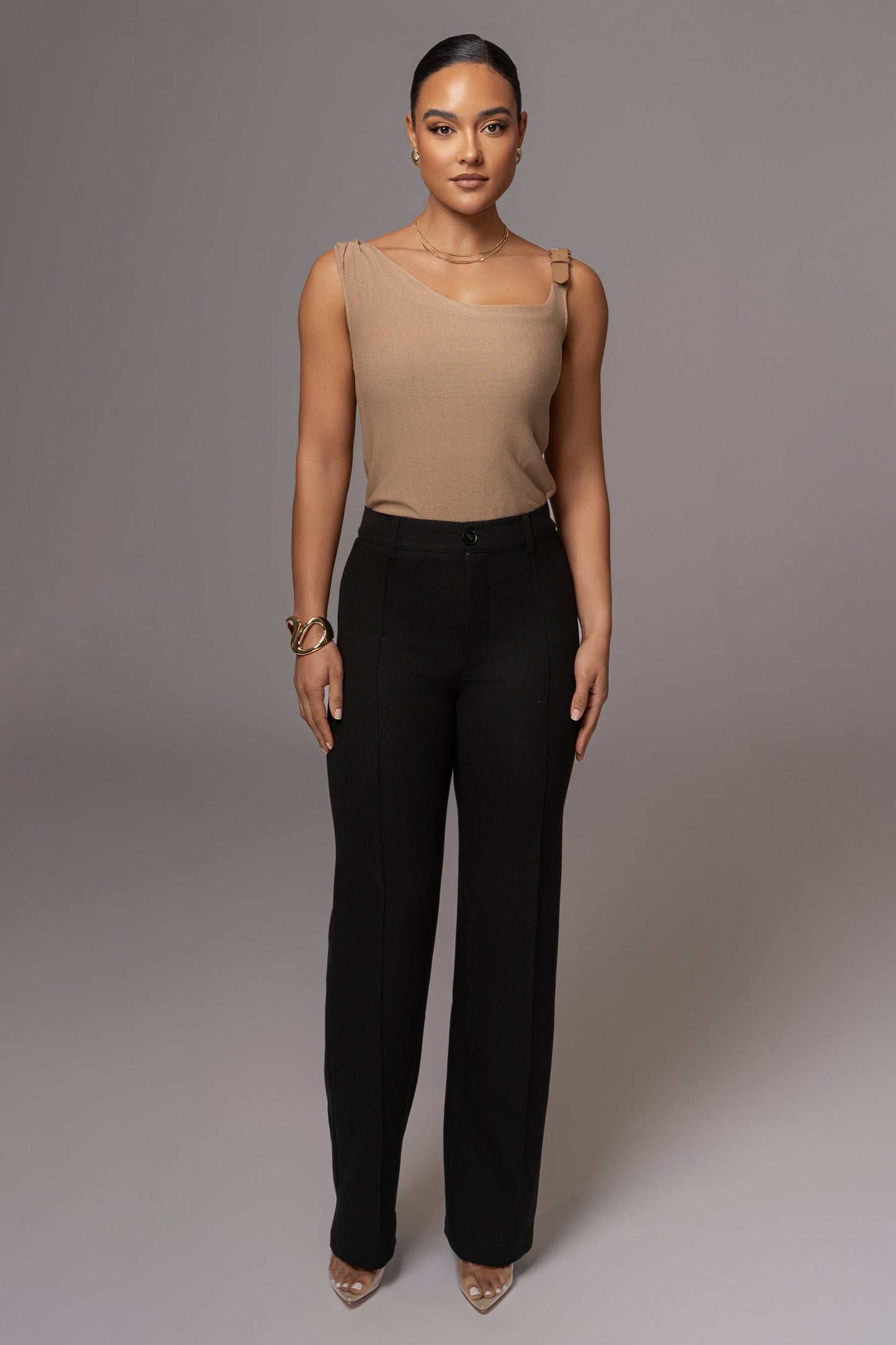 Beige Shanti Faux Buckle Top JLUXLABEL