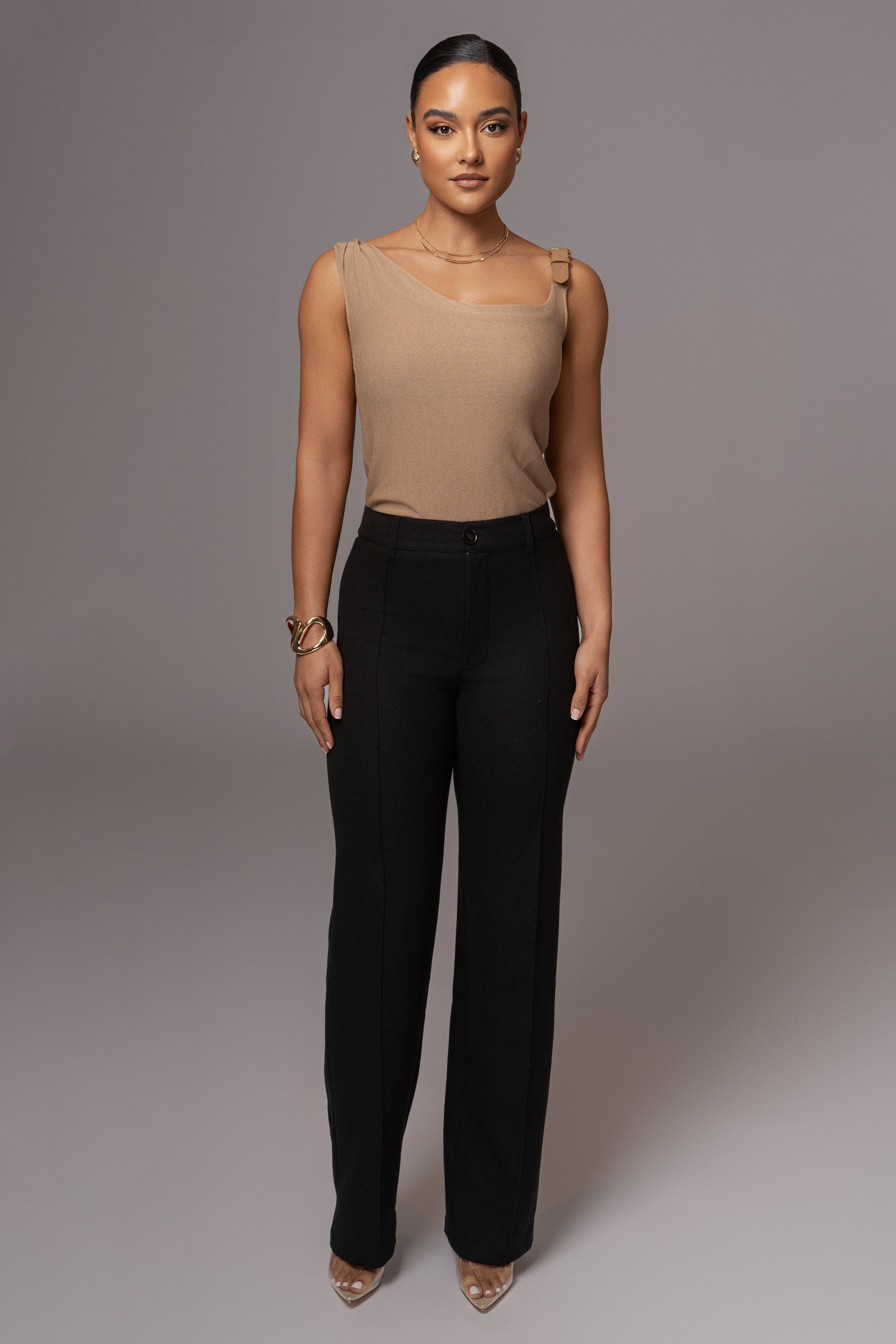 Beige Shanti Faux Buckle Top JLUXLABEL
