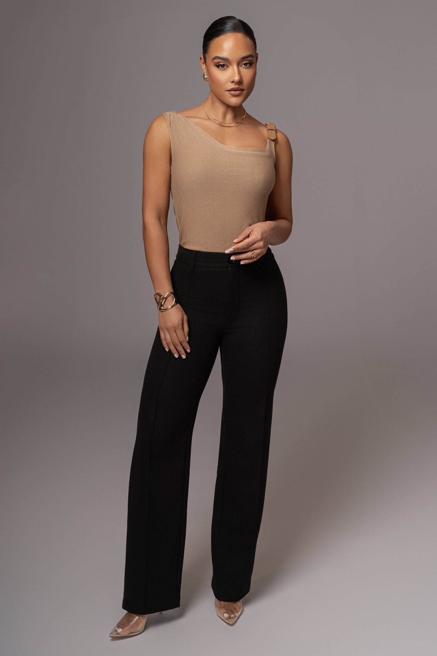 Beige Shanti Faux Buckle Top JLUXLABEL