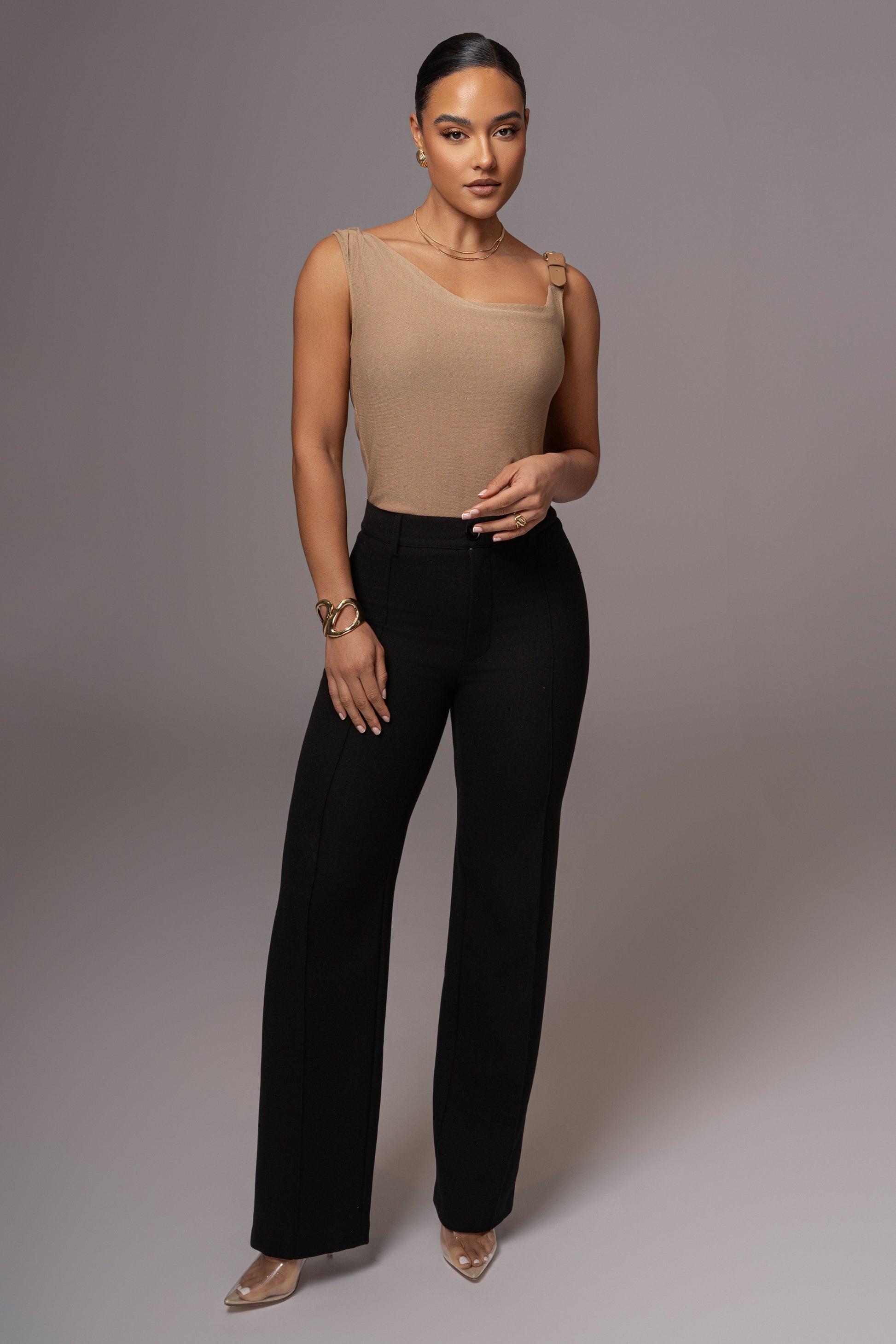 Beige Shanti Faux Buckle Top JLUXLABEL
