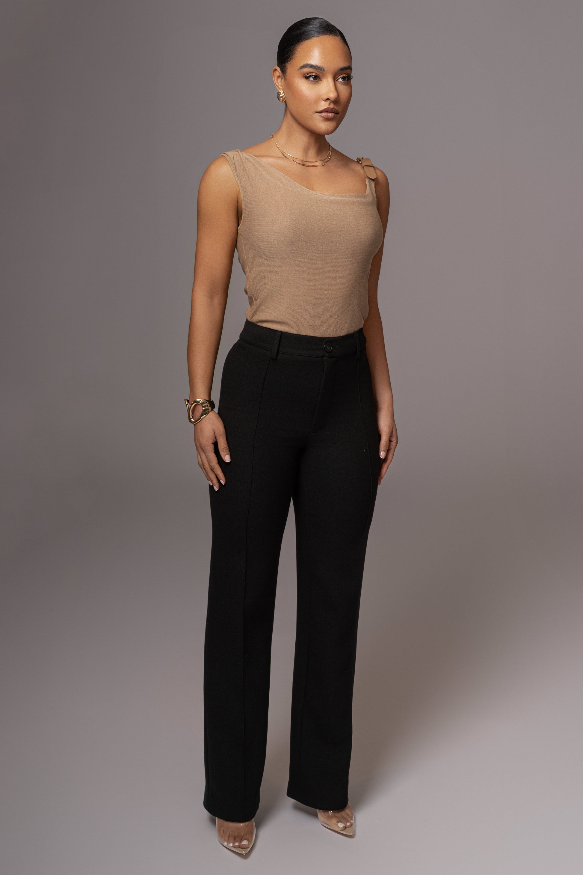 Beige Shanti Faux Buckle Top JLUXLABEL