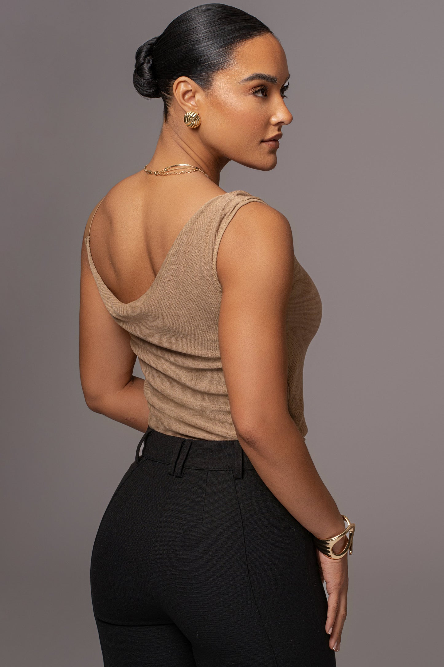 Beige Shanti Faux Buckle Top JLUXLABEL
