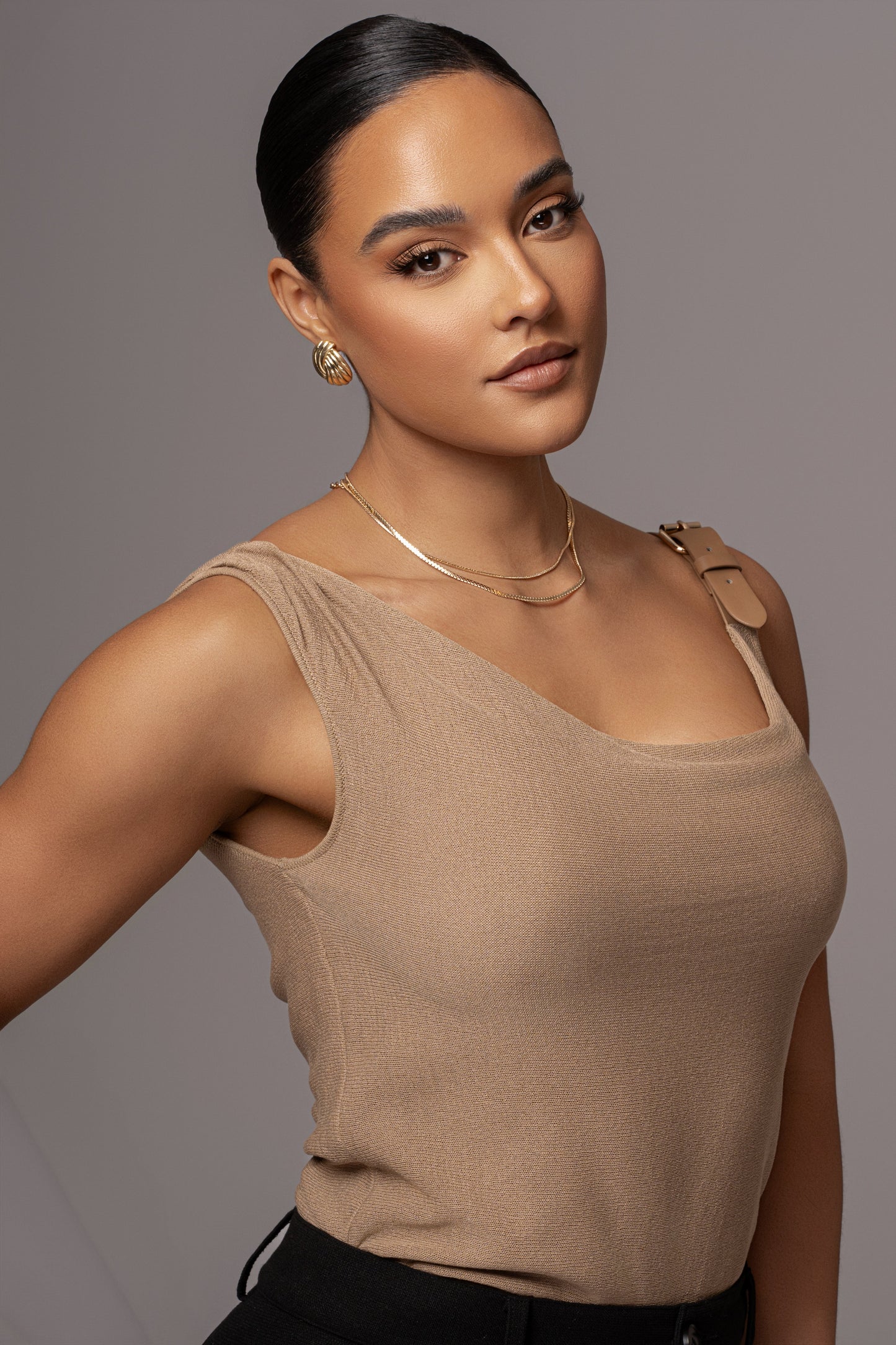 Beige Shanti Faux Buckle Top JLUXLABEL