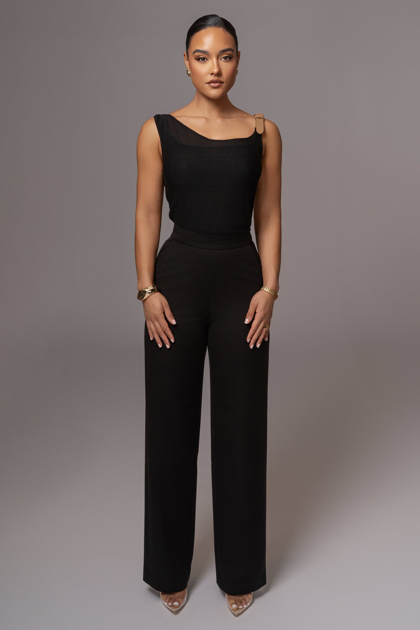 Black Shanti Faux Buckle Top JLUXLABEL