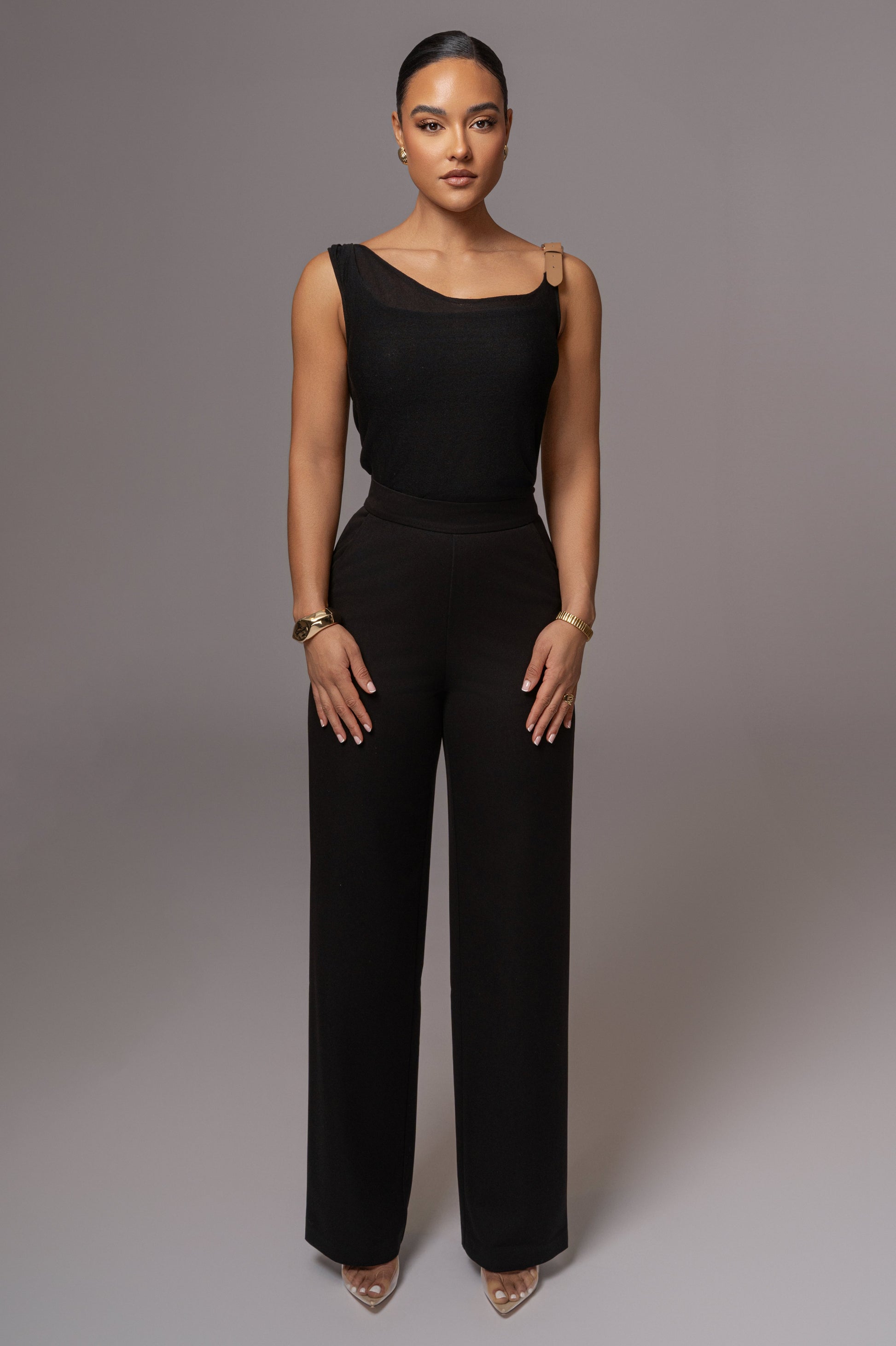Black Shanti Faux Buckle Top JLUXLABEL