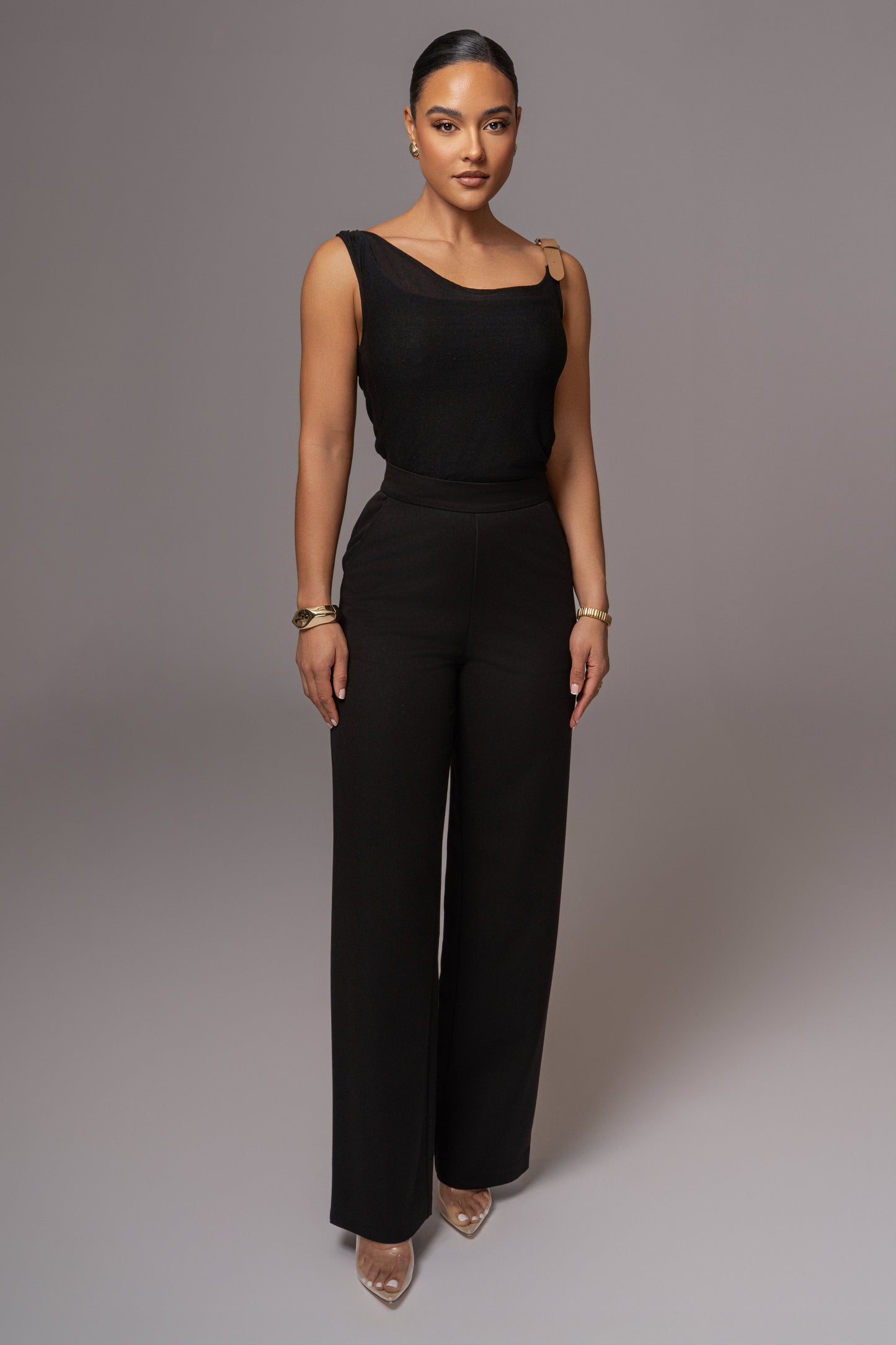 Black Shanti Faux Buckle Top JLUXLABEL