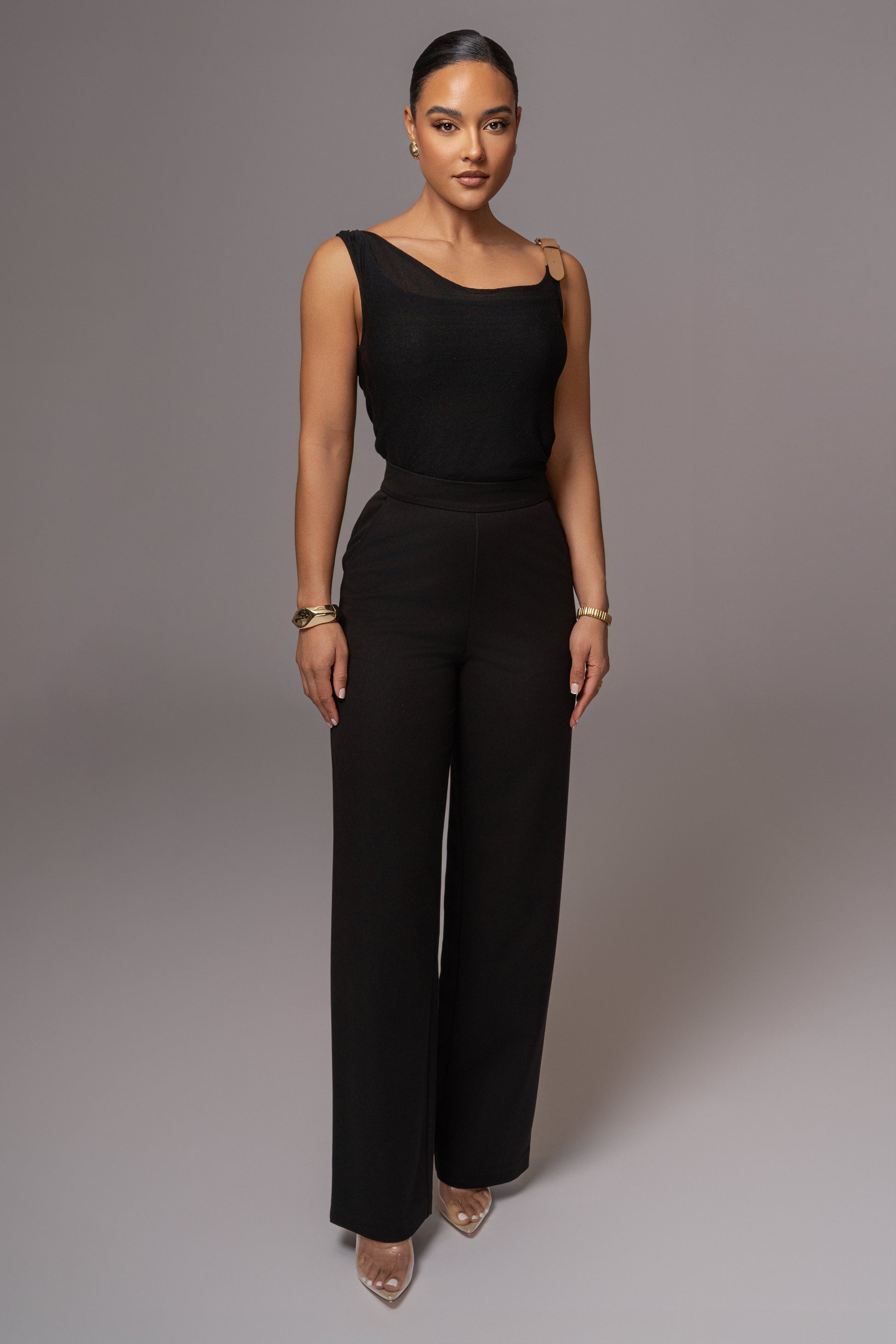 Black Shanti Faux Buckle Top JLUXLABEL