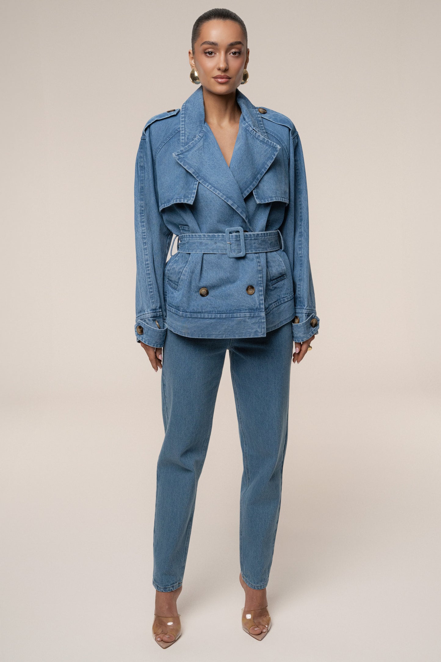 Medium Wash Double Breasted Denim Jacket NEWFASHIONEDGE