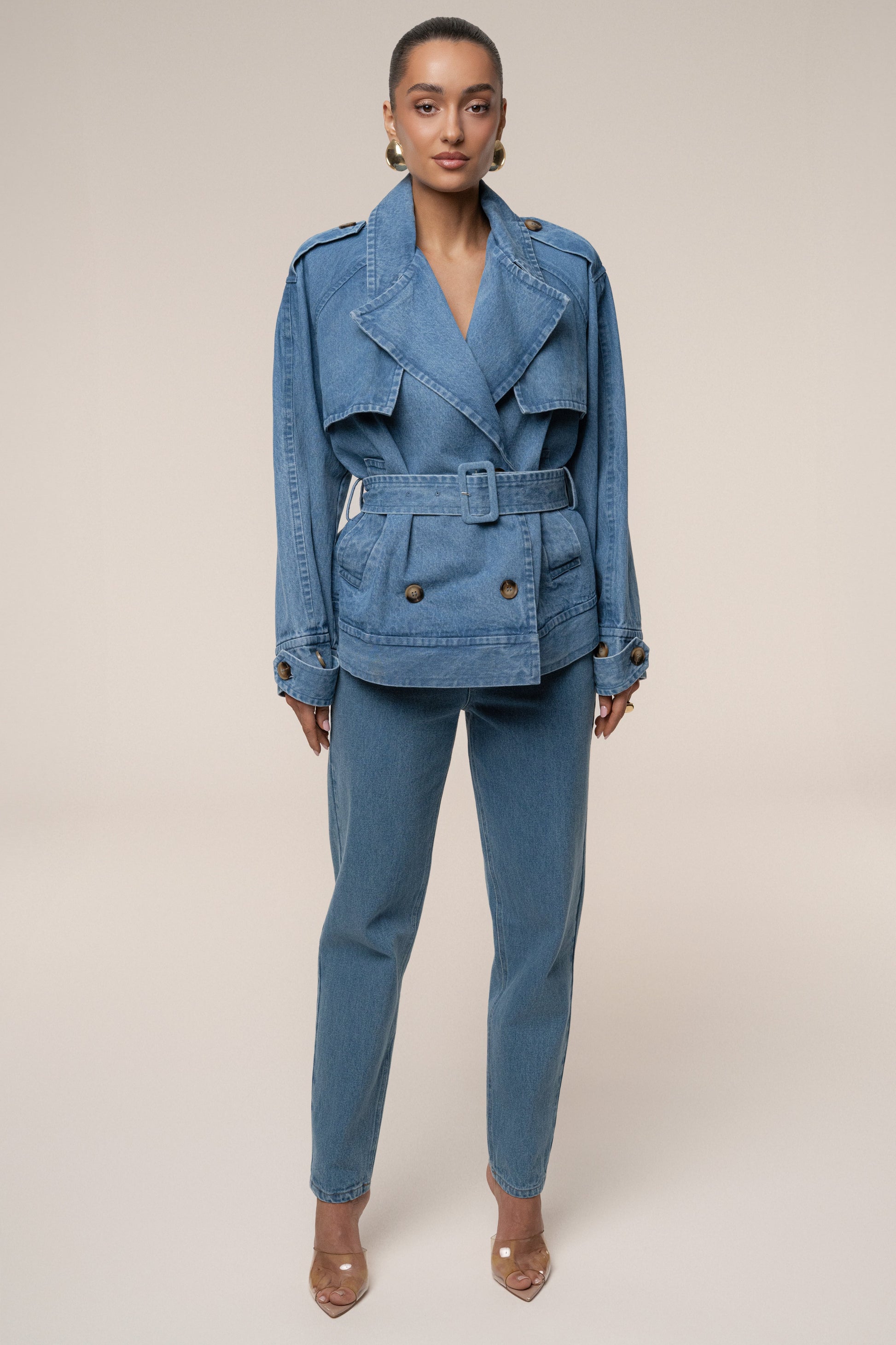Medium Wash Double Breasted Denim Jacket NEWFASHIONEDGE