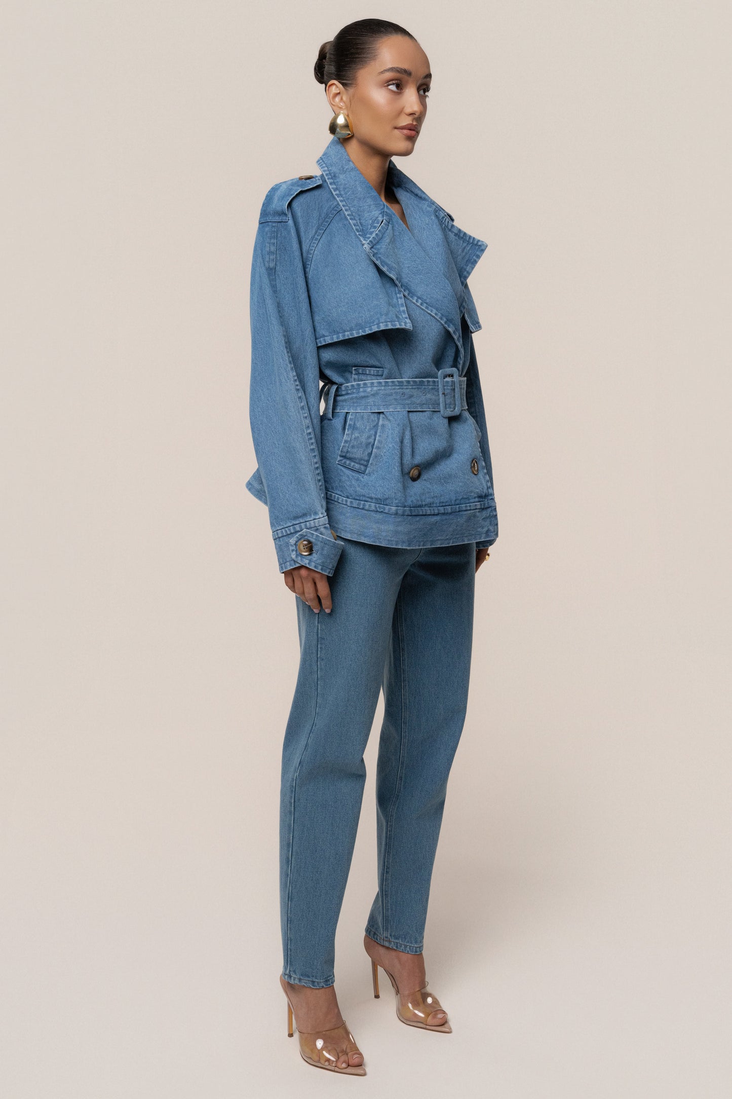 Medium Wash Double Breasted Denim Jacket NEWFASHIONEDGE
