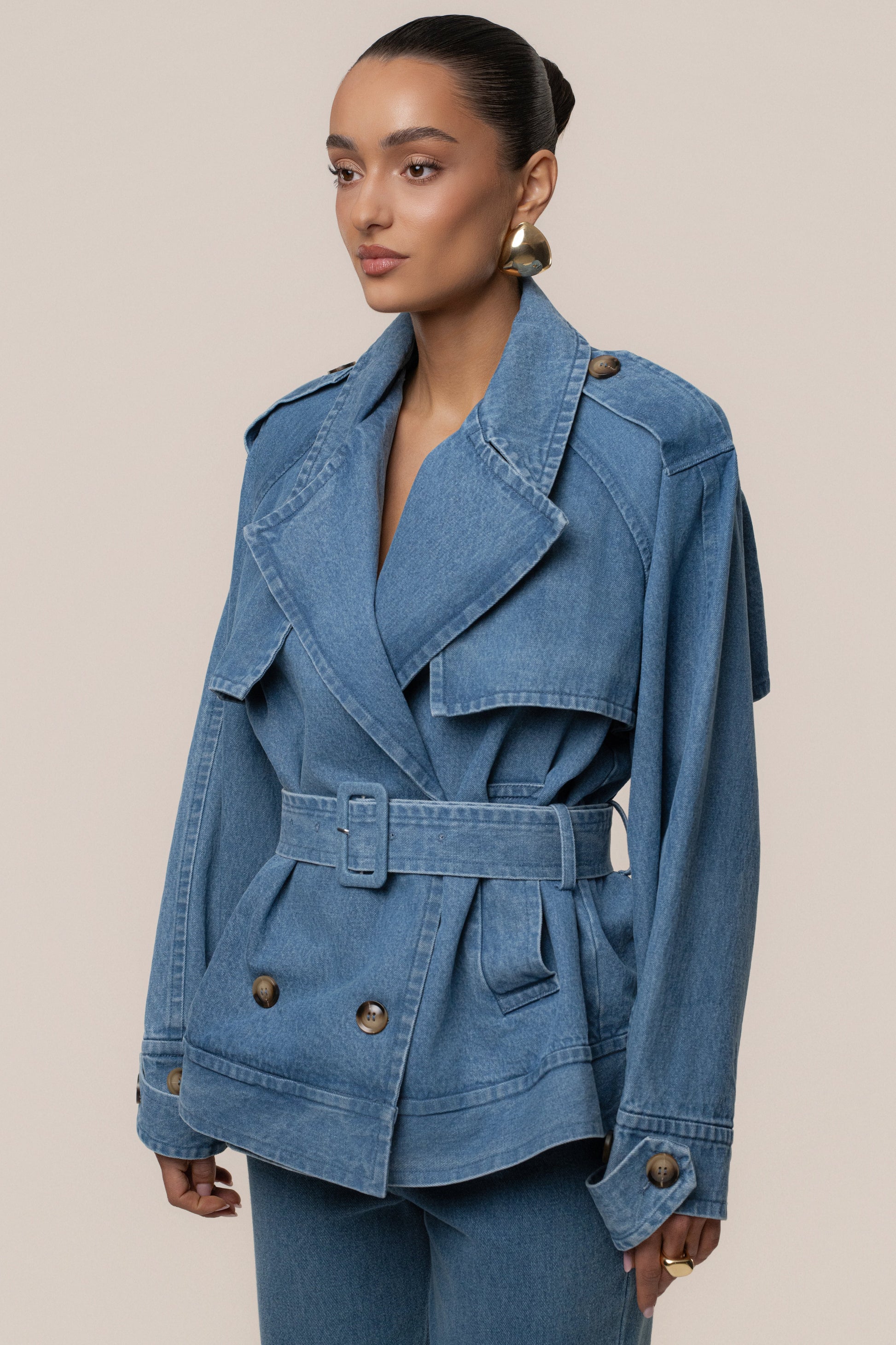 Medium Wash Double Breasted Denim Jacket NEWFASHIONEDGE