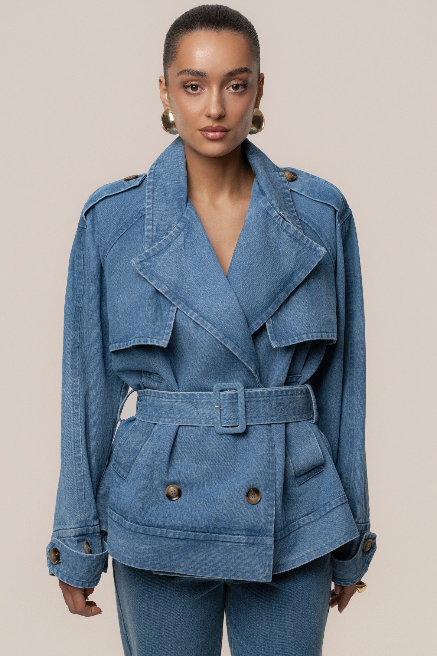 Medium Wash Double Breasted Denim Jacket NEWFASHIONEDGE