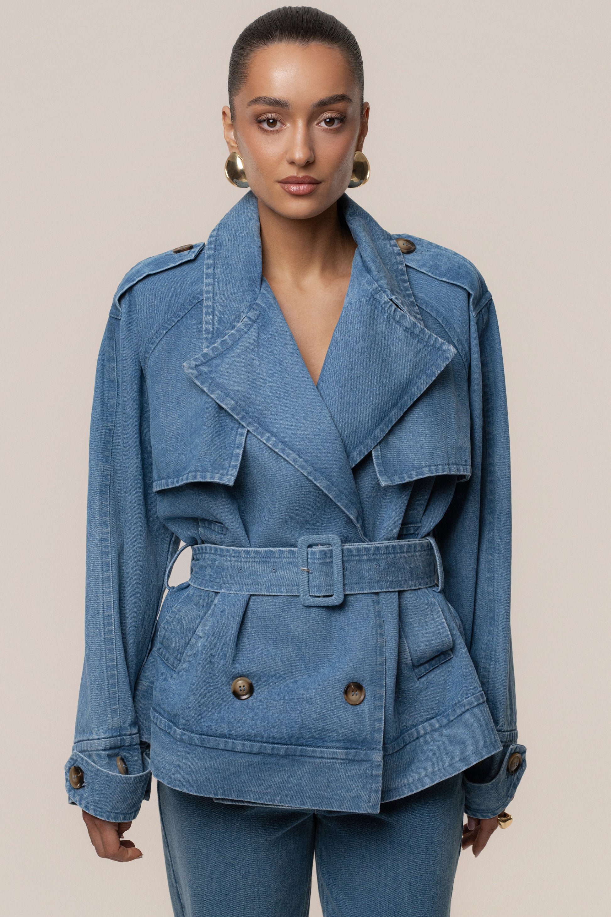Medium Wash Double Breasted Denim Jacket NEWFASHIONEDGE