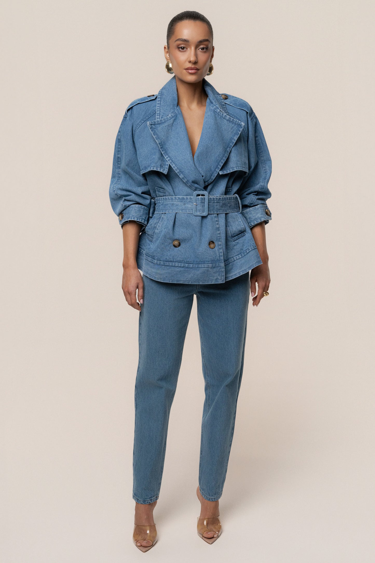 Medium Wash Double Breasted Denim Jacket NEWFASHIONEDGE