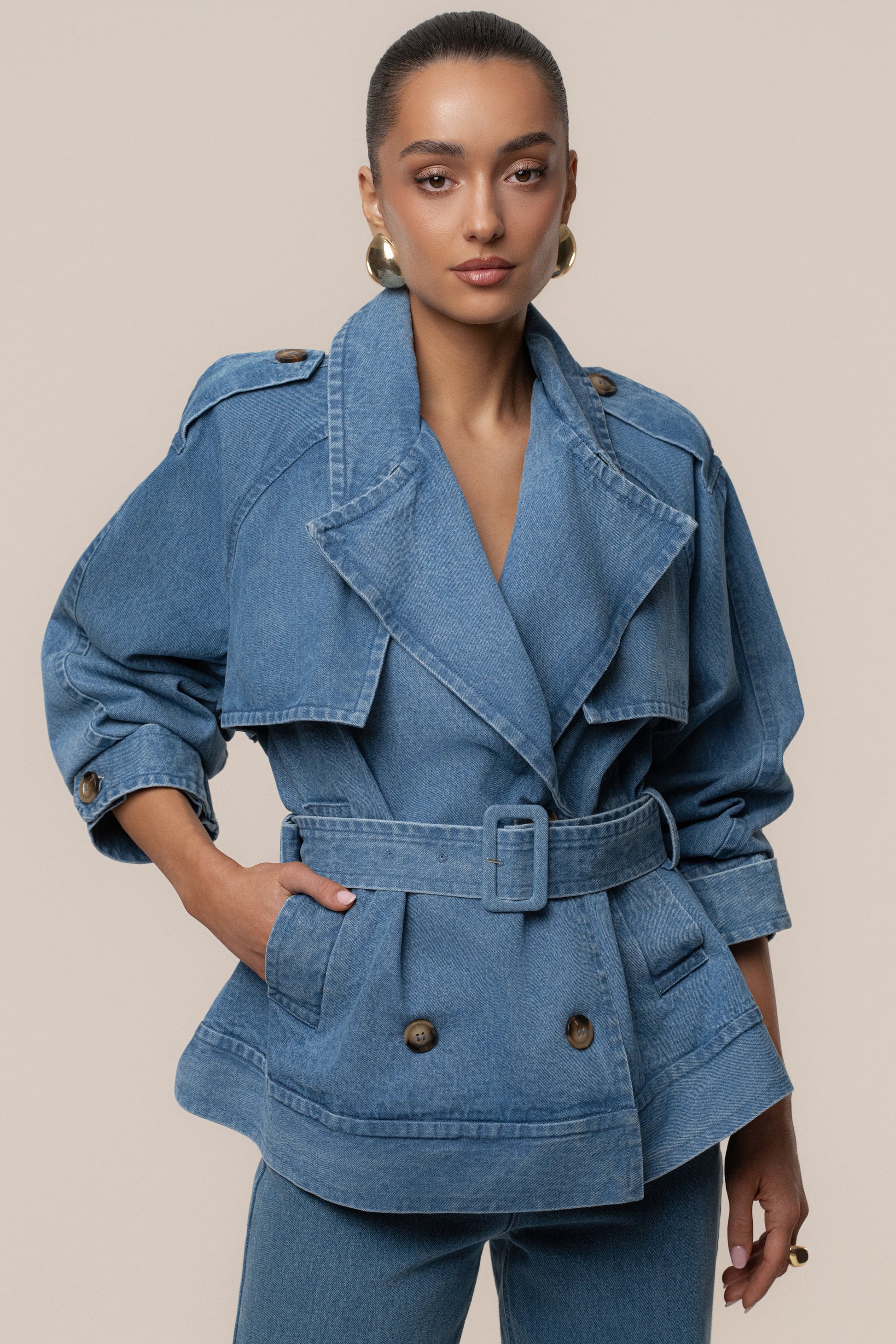 Medium Wash Double Breasted Denim Jacket NEWFASHIONEDGE