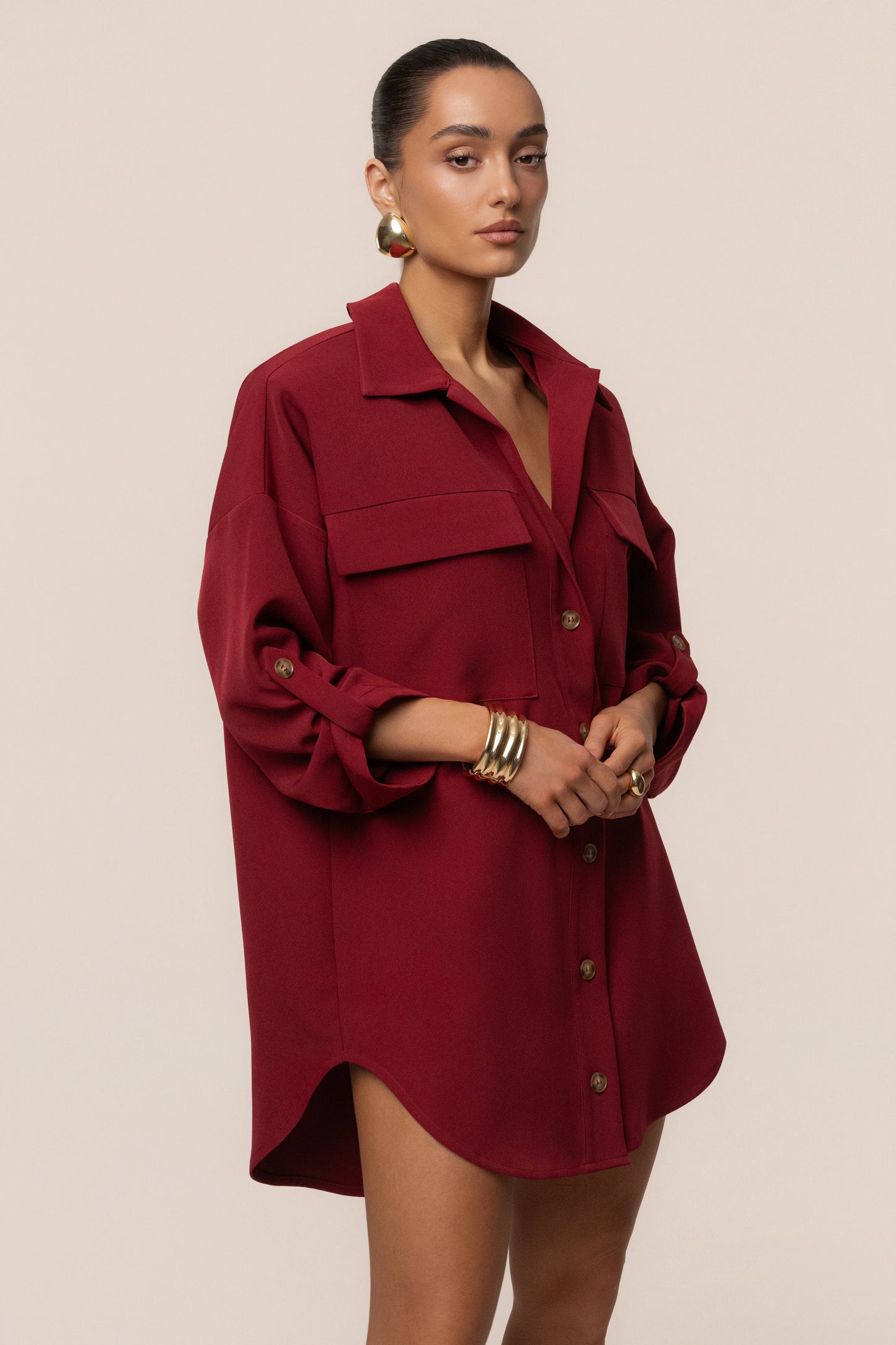 Burgundy Downtime Collared Shirt Dress JLUXLABEL
