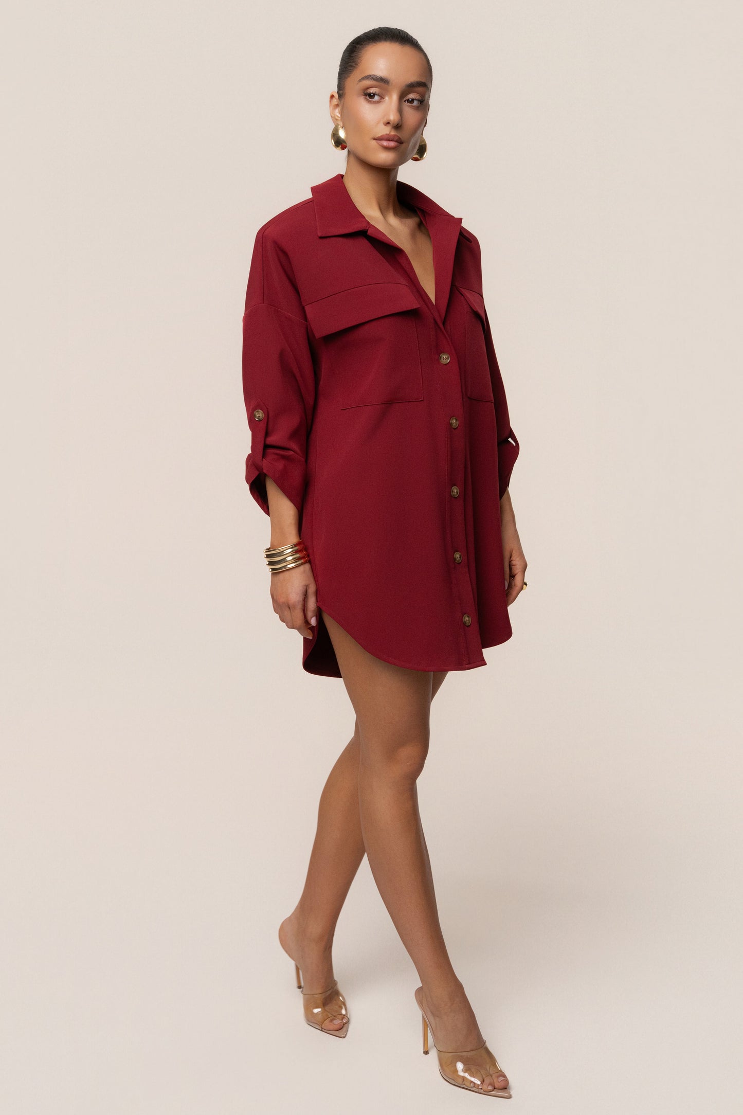 Burgundy Downtime Collared Shirt Dress JLUXLABEL