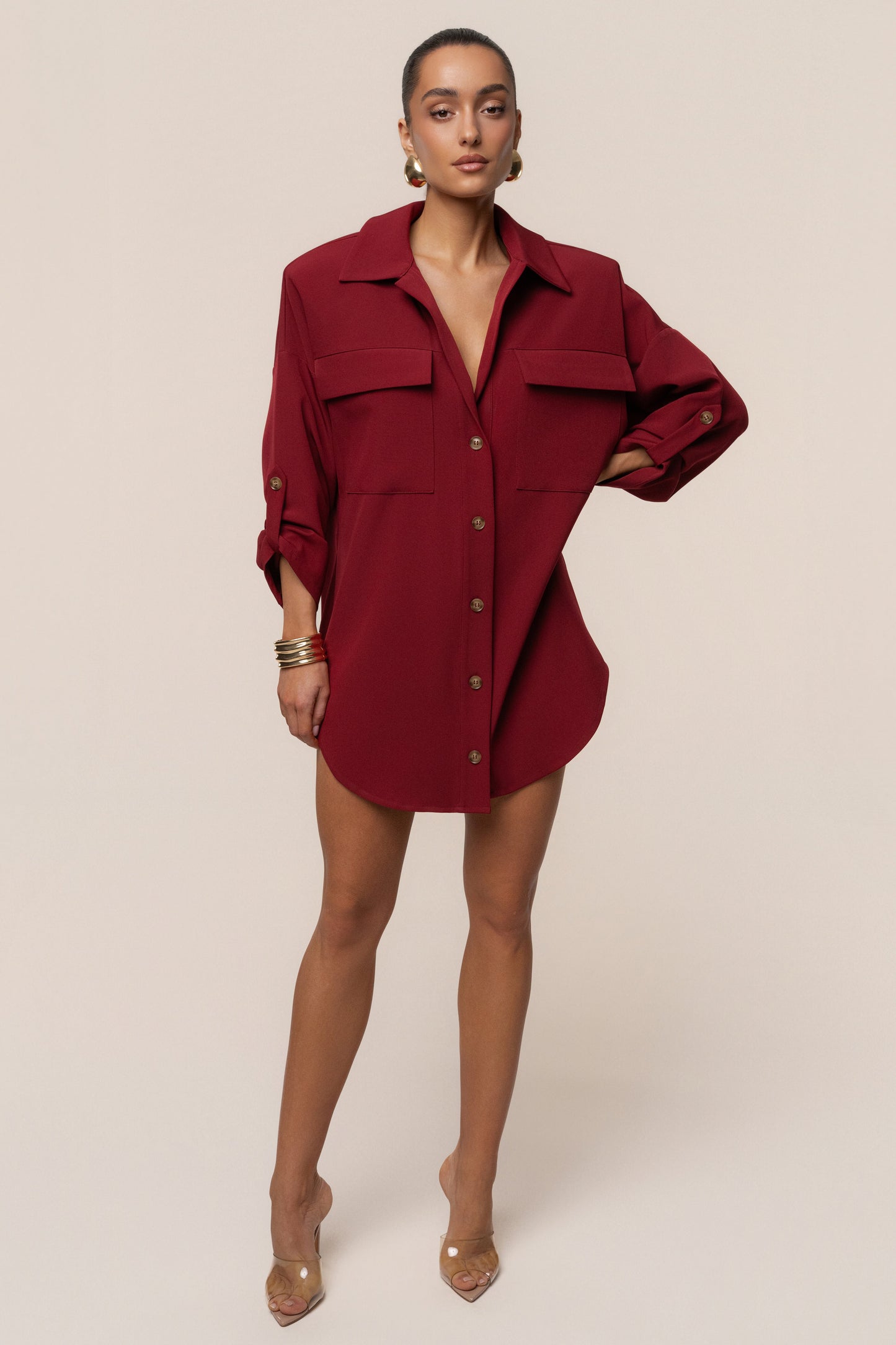 Burgundy Downtime Collared Shirt Dress JLUXLABEL