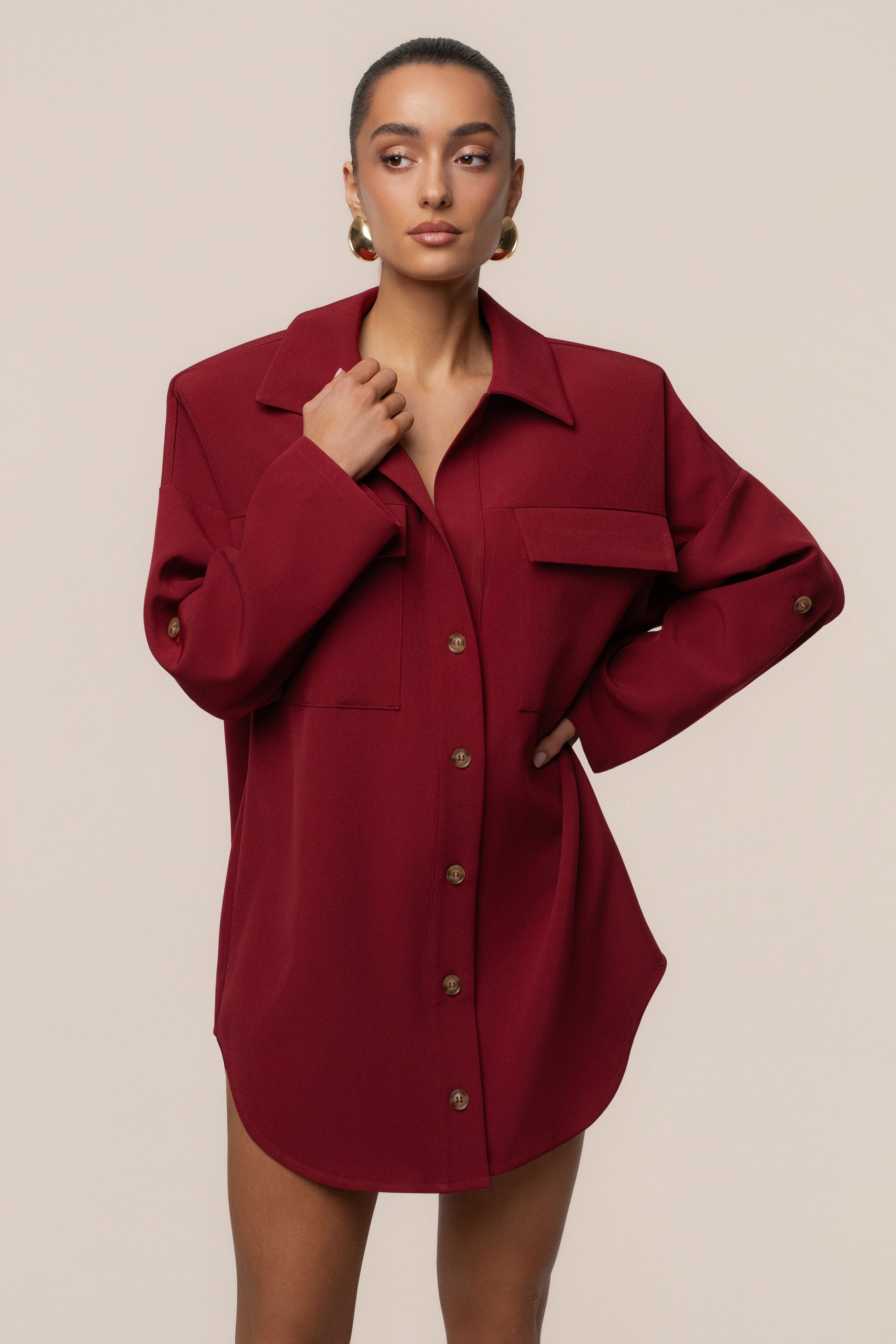 Burgundy Downtime Collared Shirt Dress JLUXLABEL
