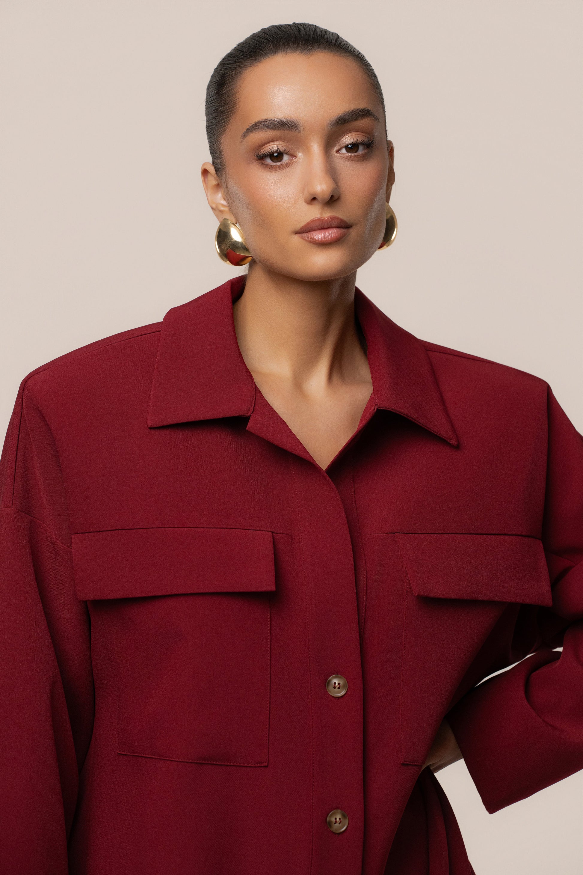 Burgundy Downtime Collared Shirt Dress JLUXLABEL