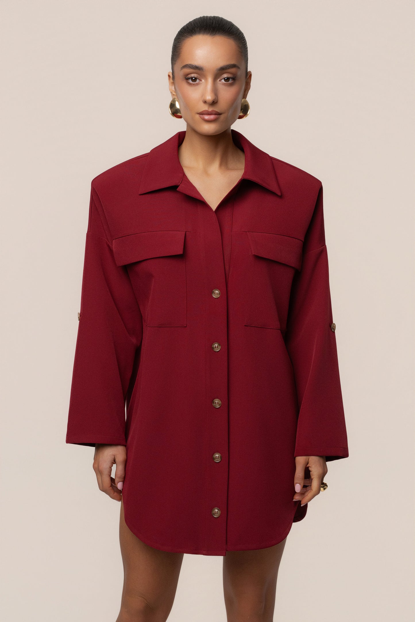 Burgundy Downtime Collared Shirt Dress JLUXLABEL