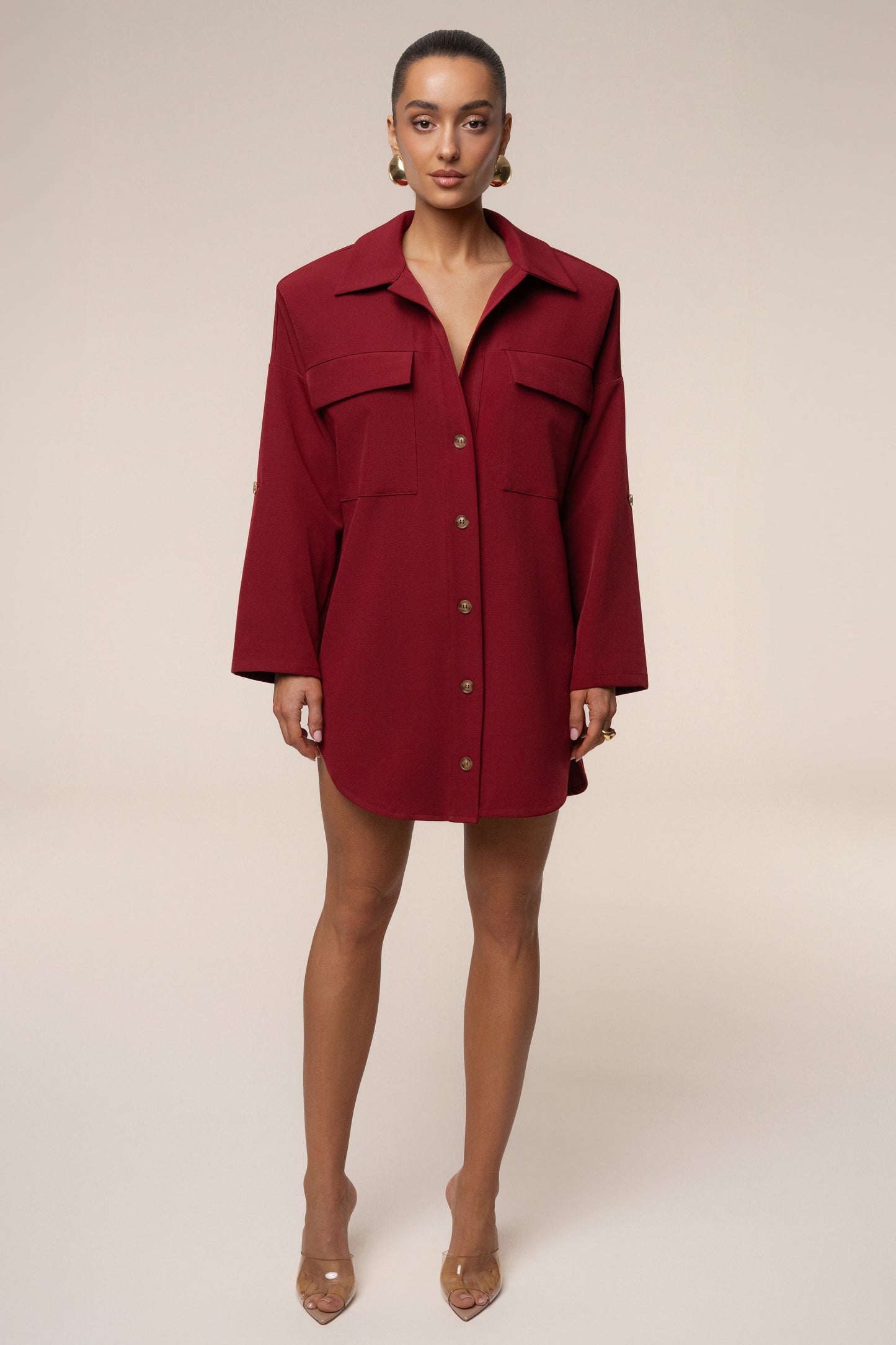 Burgundy Downtime Collared Shirt Dress JLUXLABEL