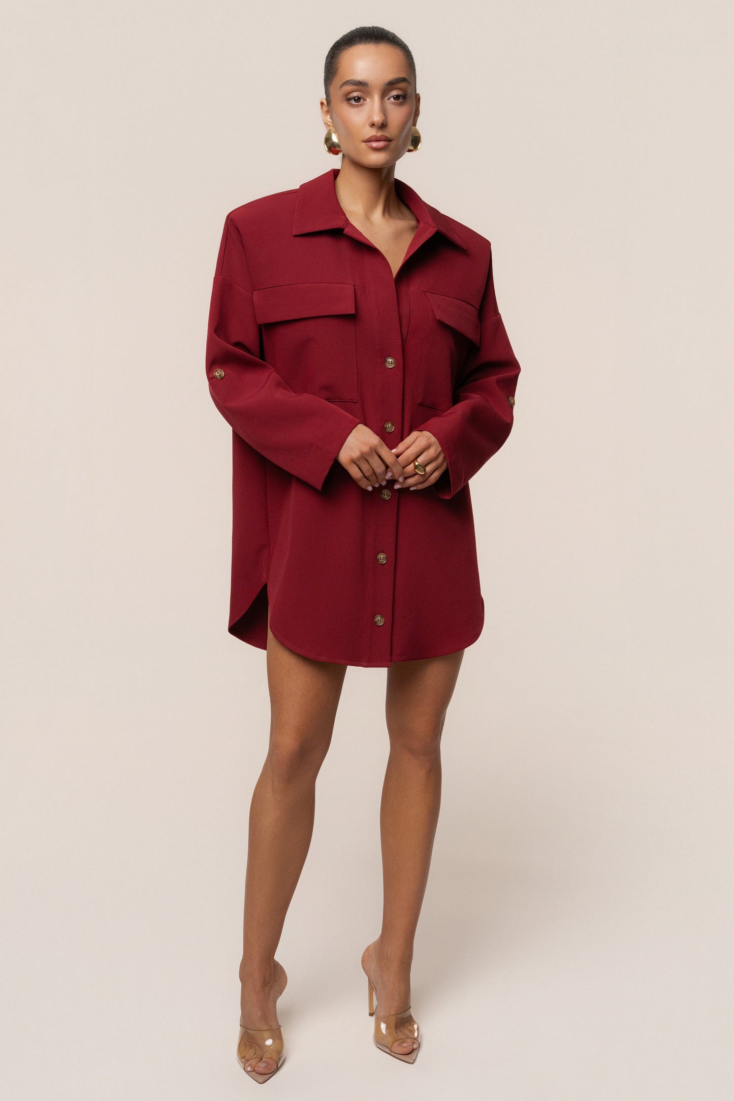 Burgundy Downtime Collared Shirt Dress JLUXLABEL
