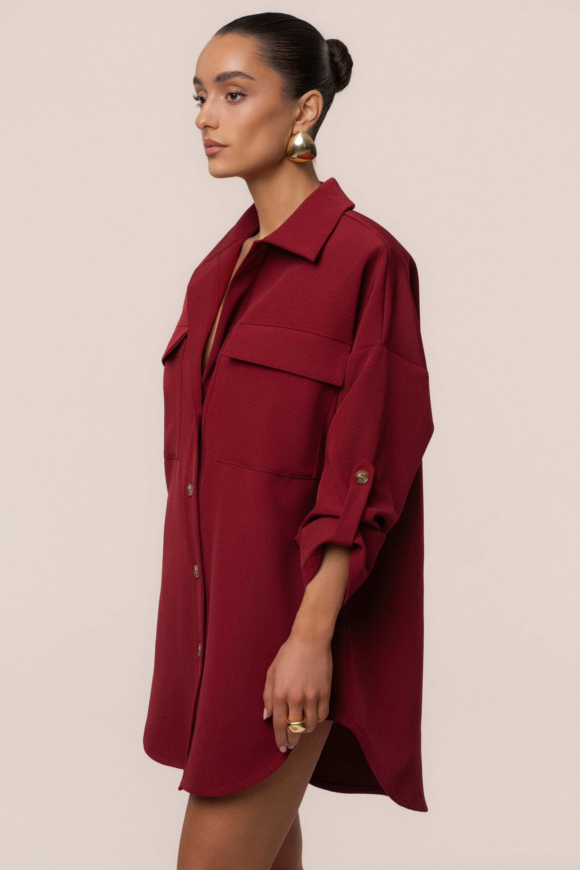 Burgundy Downtime Collared Shirt Dress JLUXLABEL