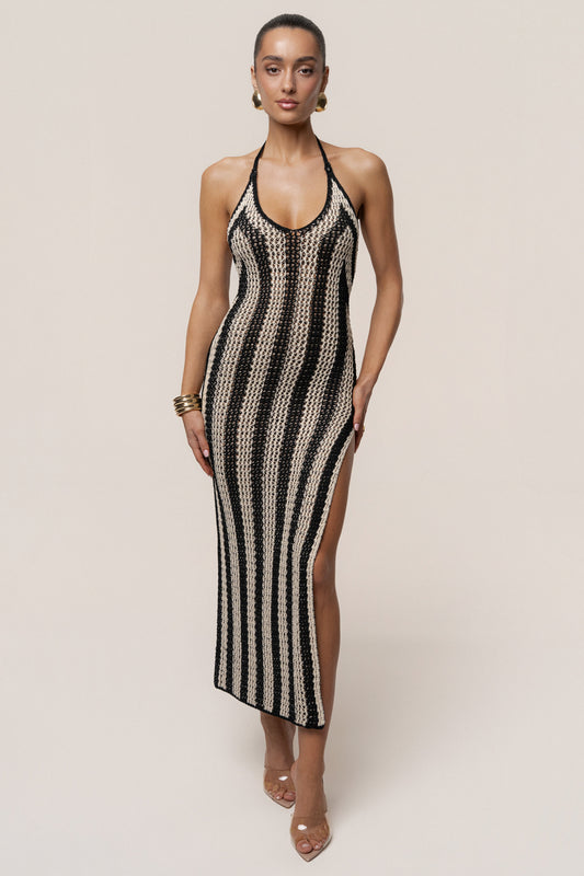 Black/Ivory Luz Halter Crochet Dress JLUXLABEL