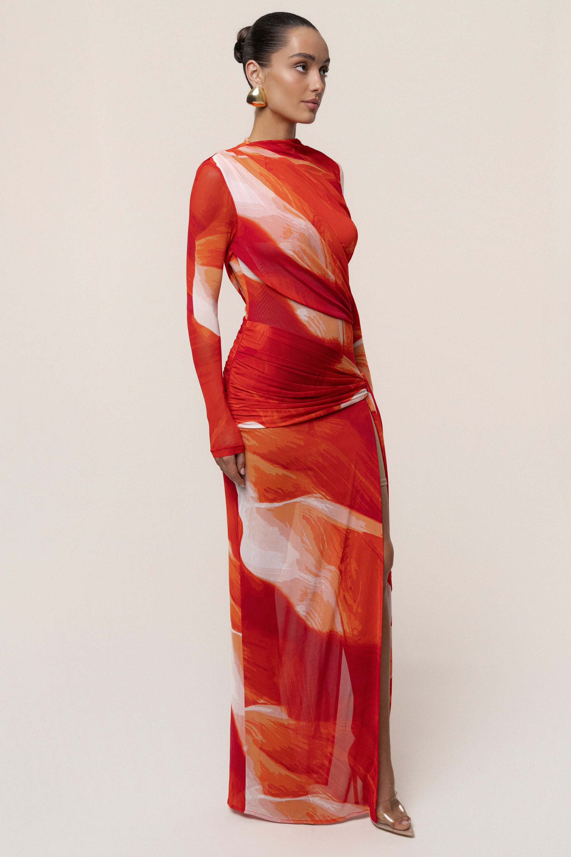 Sunset Red Heatwave Mesh Maxi Dress JLUXLABEL