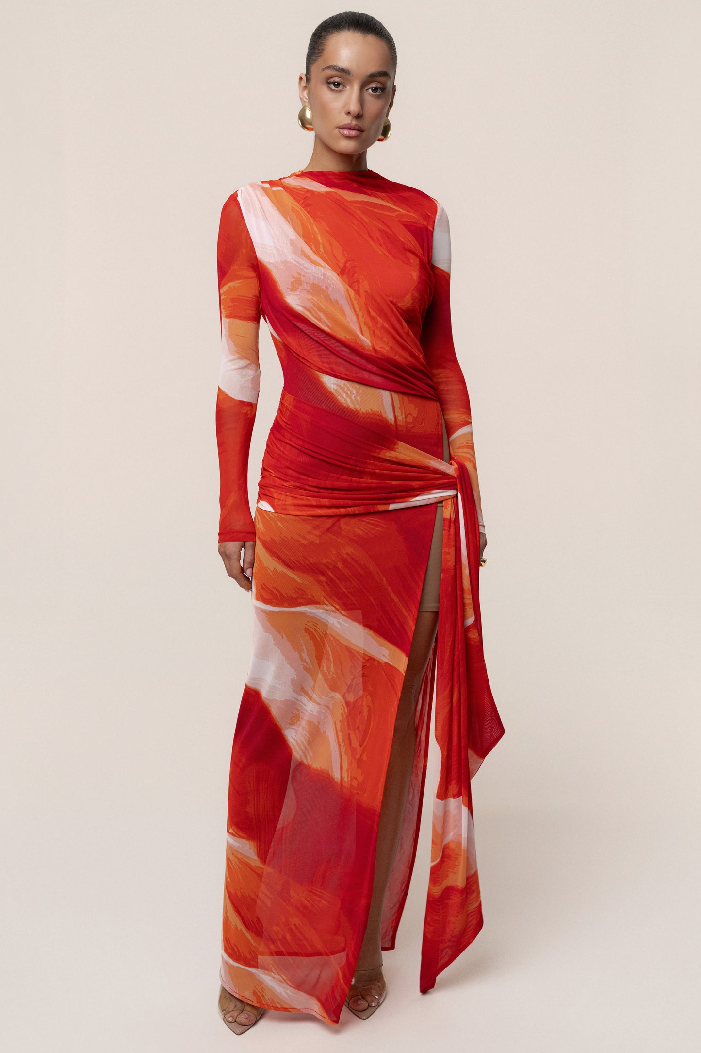 Sunset Red Heatwave Mesh Maxi Dress JLUXLABEL